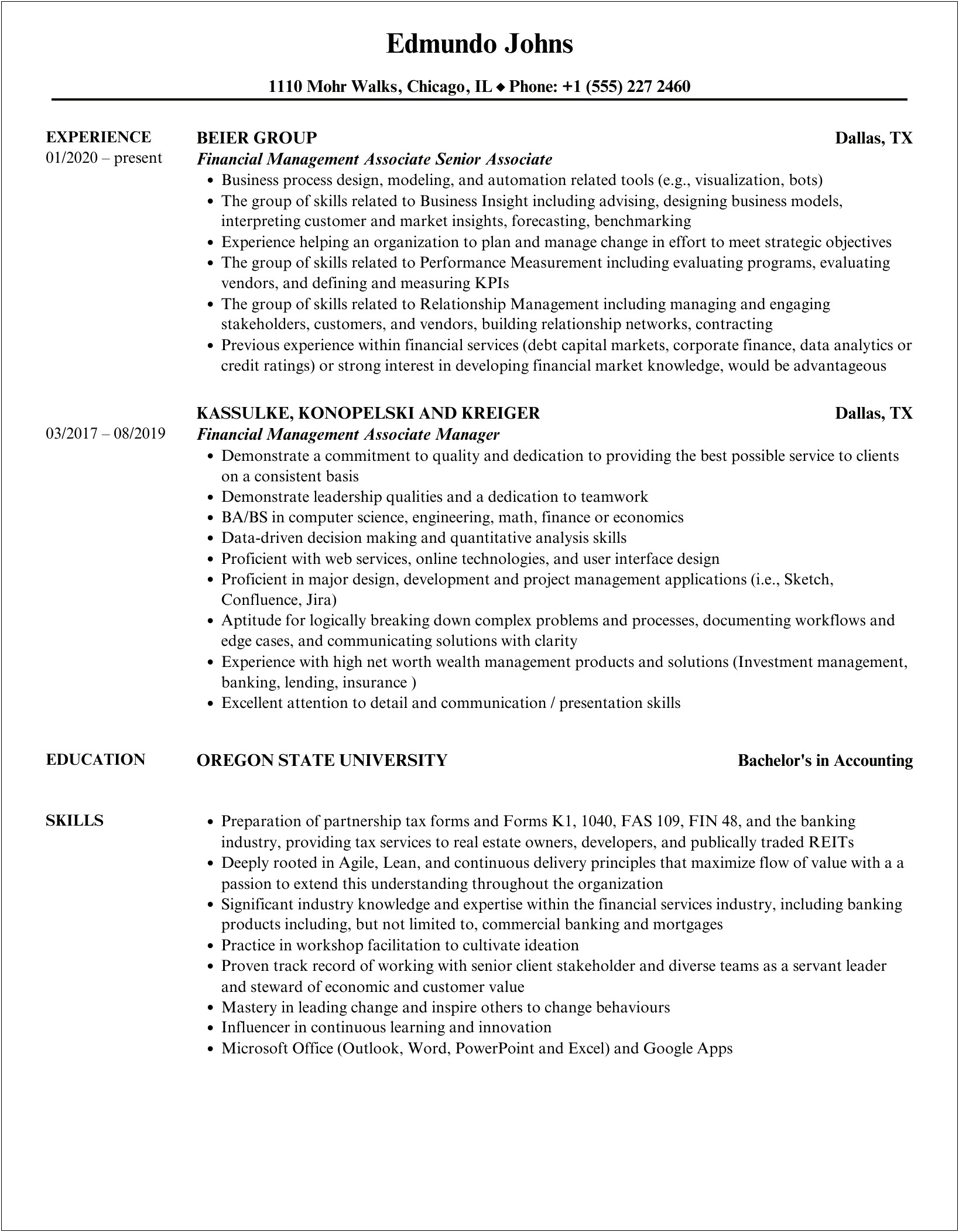Federal Financial Management Associate Budgeting Certificate On Resume