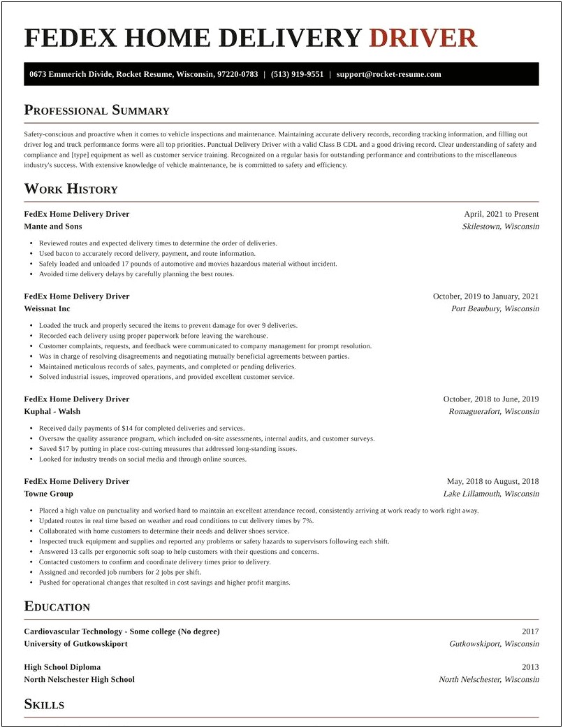 Fedex Delivery Driver Job Description Resume