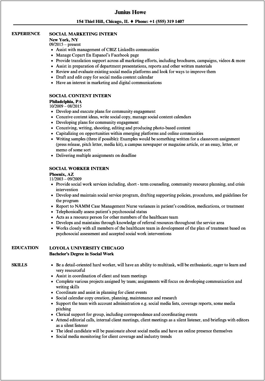 Field Placement Resume Sample Social Work
