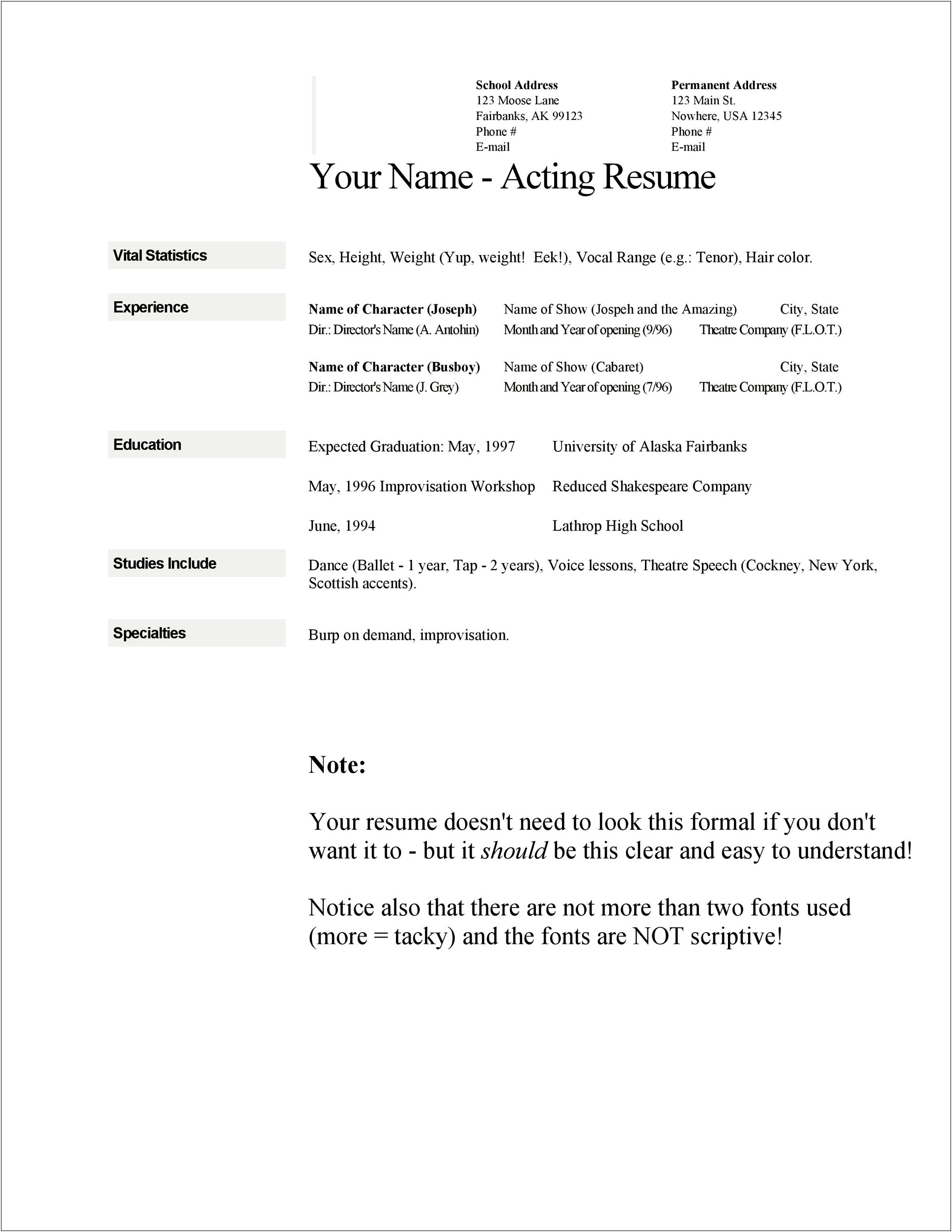 Fill In The Blank Acting Resume Template