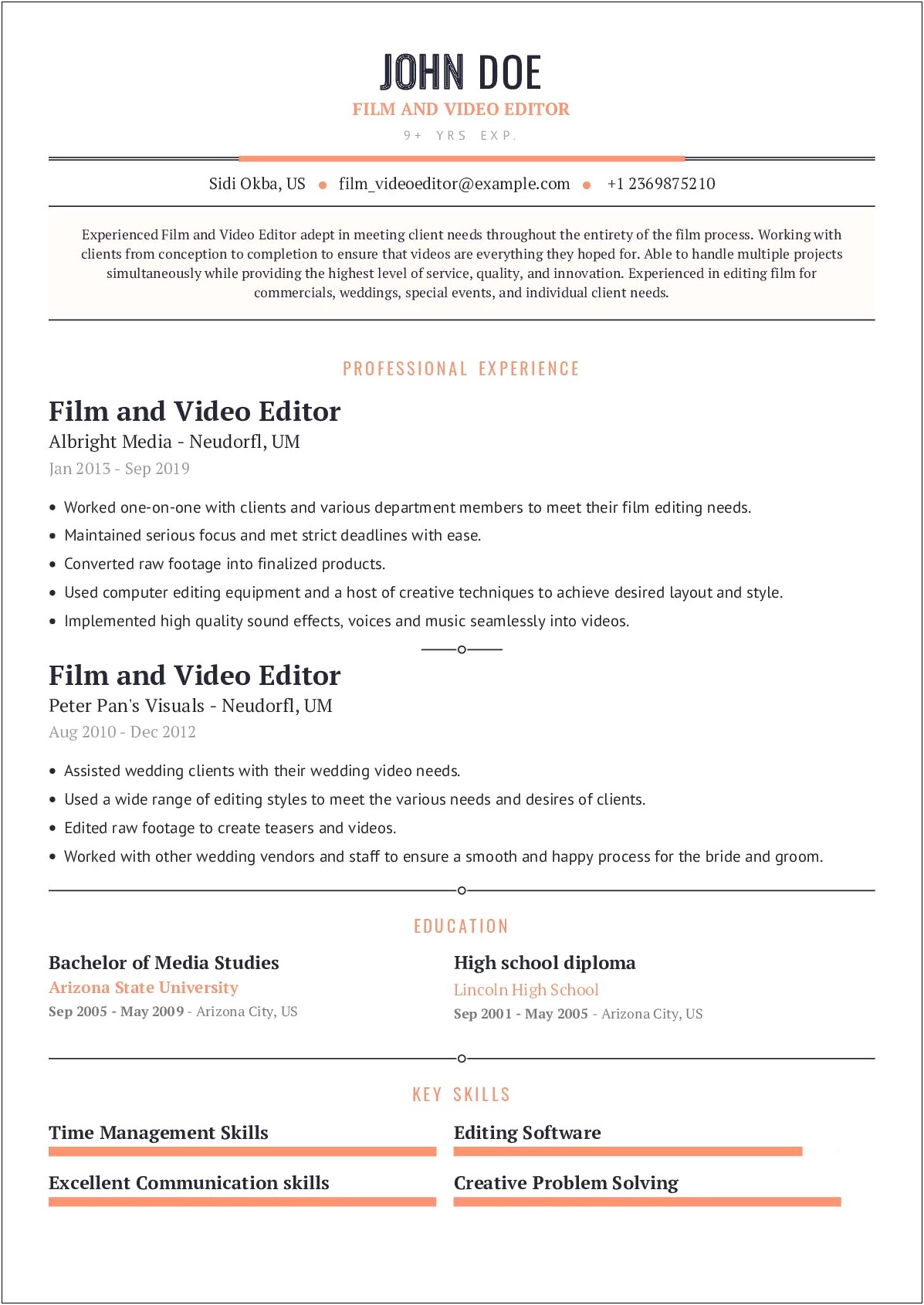 Film Production Entry Level Resume Example