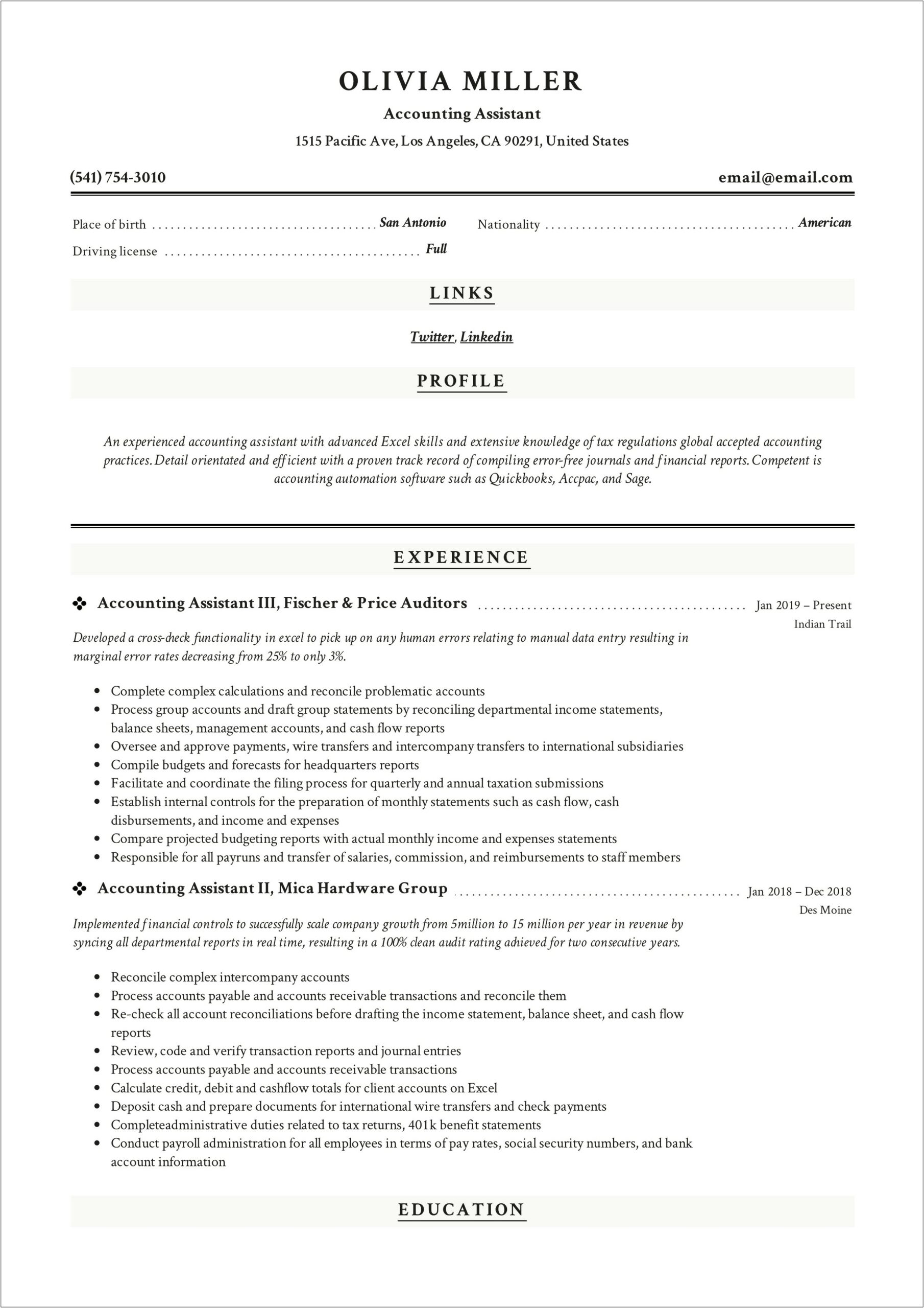 Finance And Accounting Resume Without Summary