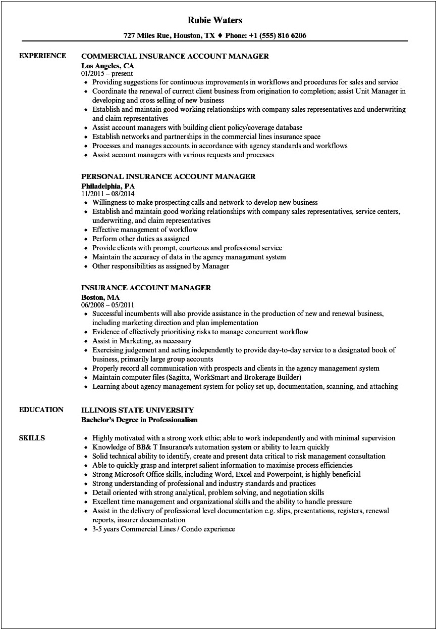 Finance And Insurance Manager Sample Resume