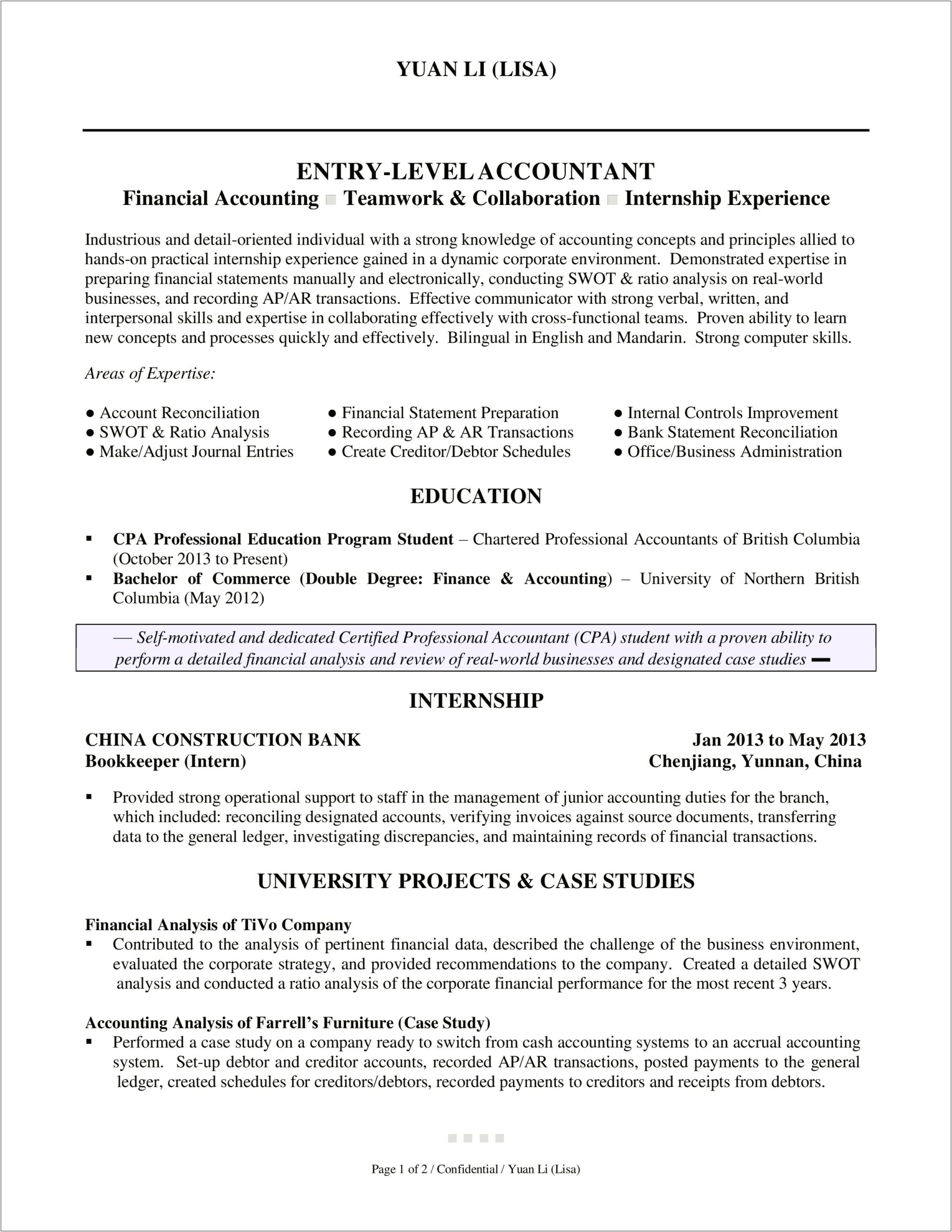 Finance Summary On Resume For Entry Level