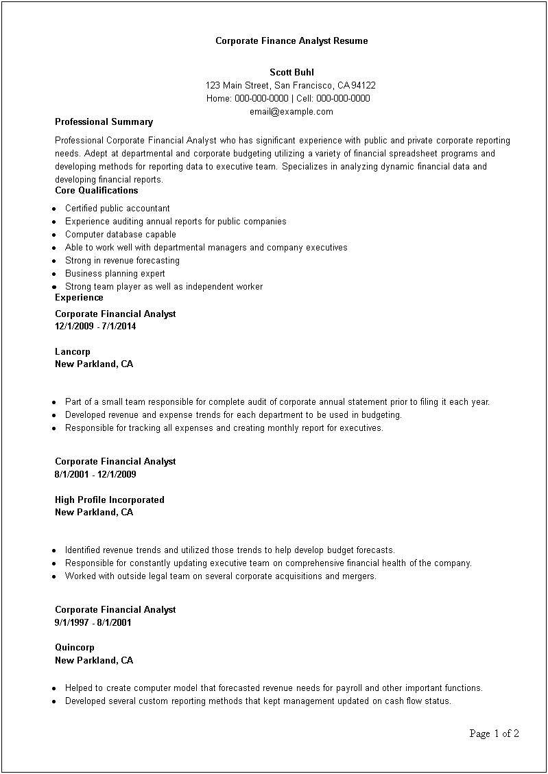 Financial Analyst Resume Sample For Freshers