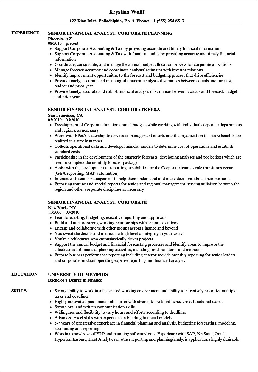 Financial Analyst Sample Resume Reengineering Budget System