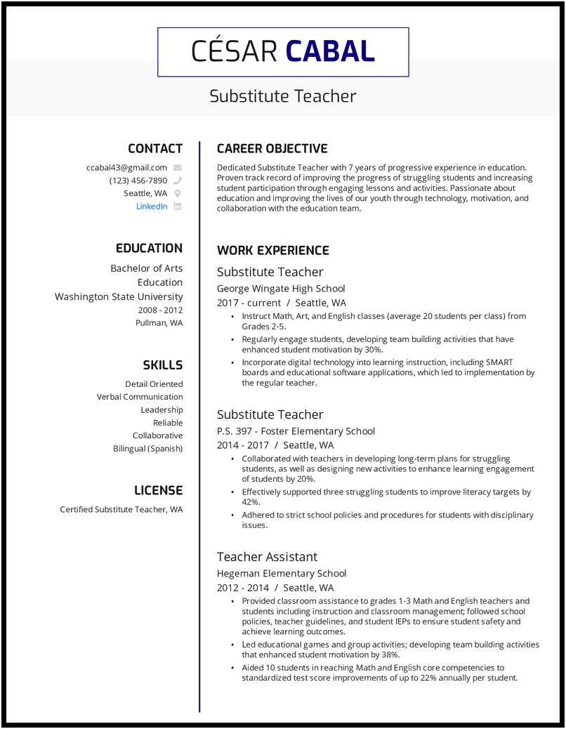 First Time Teacher Resume With No Experience Samples