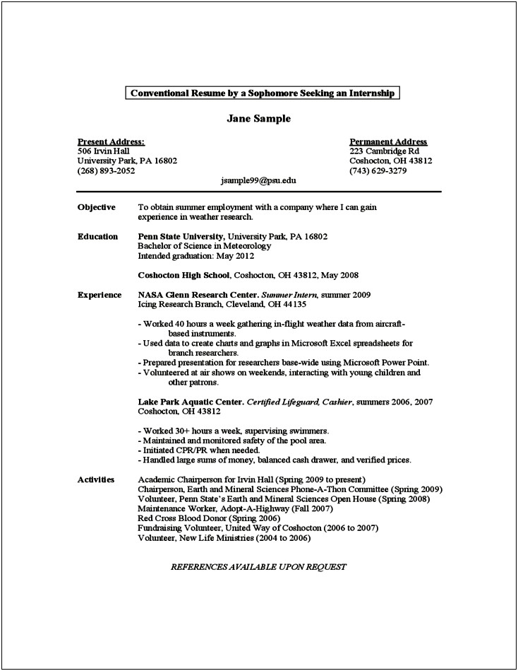 First Year College Student Resume Template