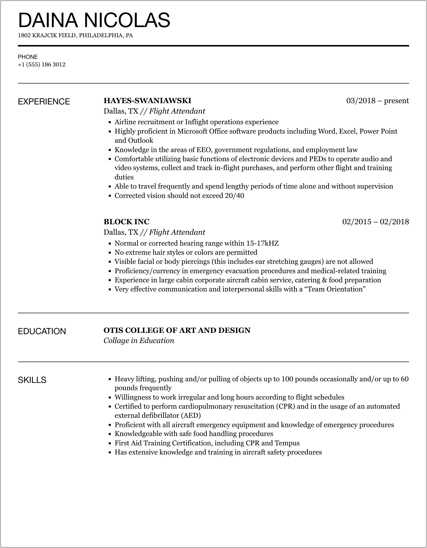 Flight Attendant Job Description On Resume
