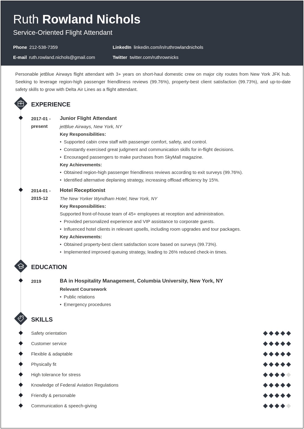 Flight Attendant Resume With Experience For United Airlines