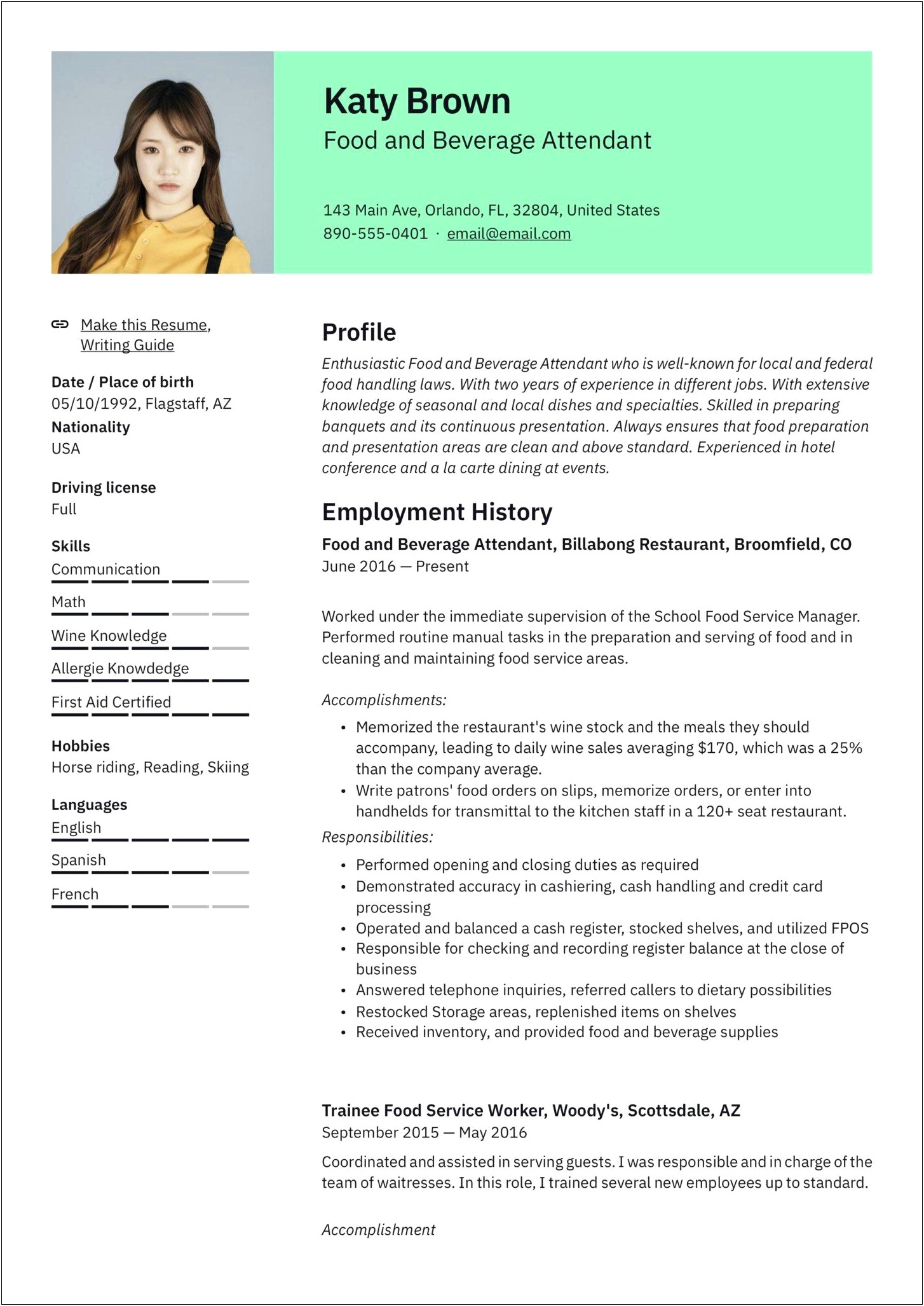 Food And Beverage Attendant Resume Example