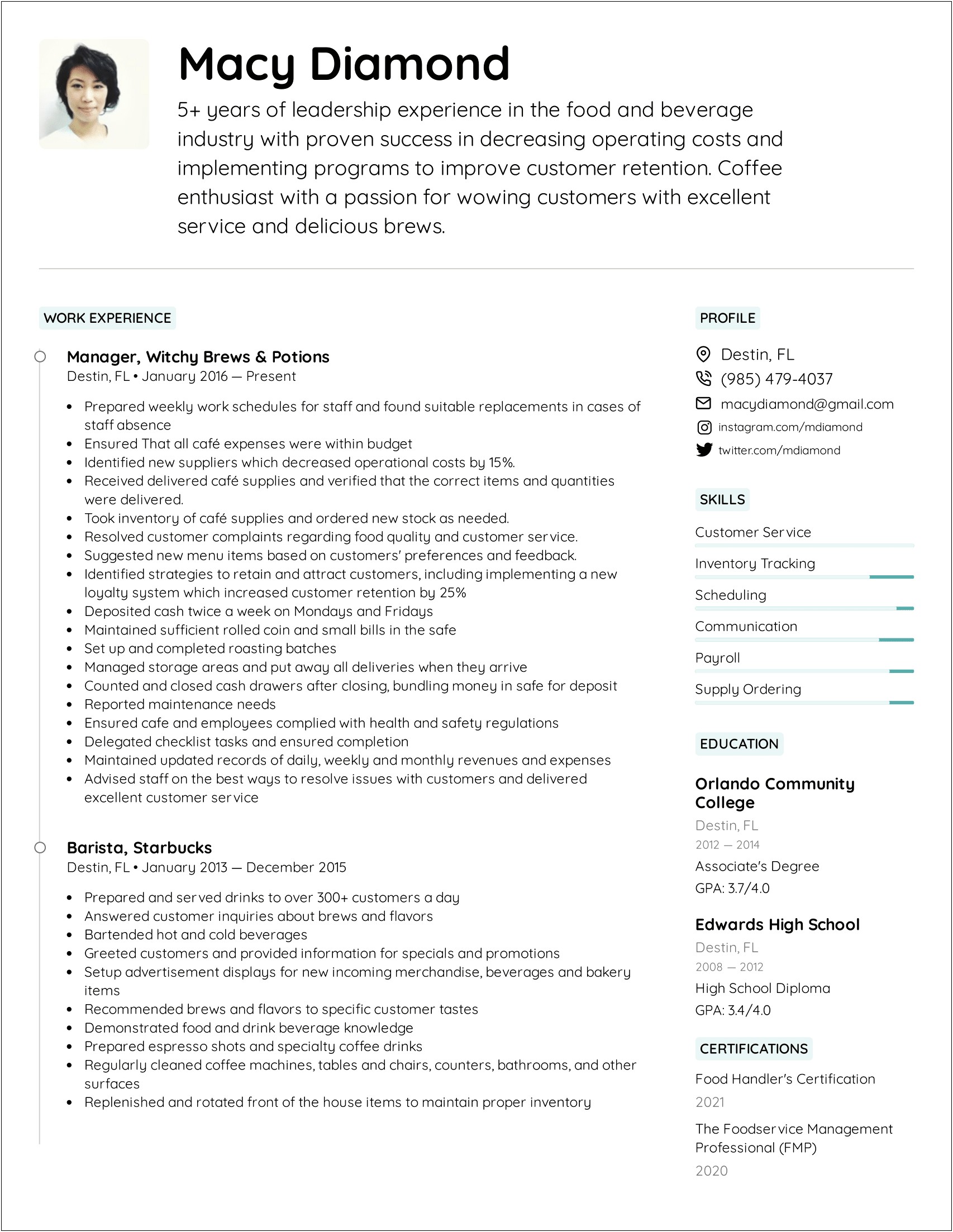 Food And Beverage Manager Resume Example