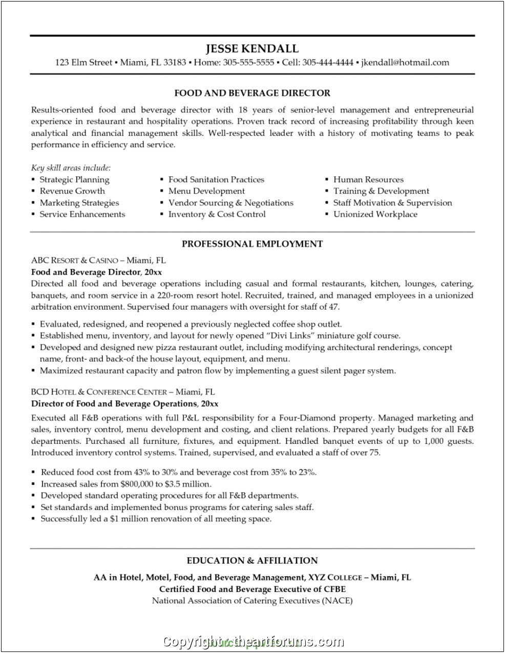 Food And Beverage Manager Resume Objective Examples