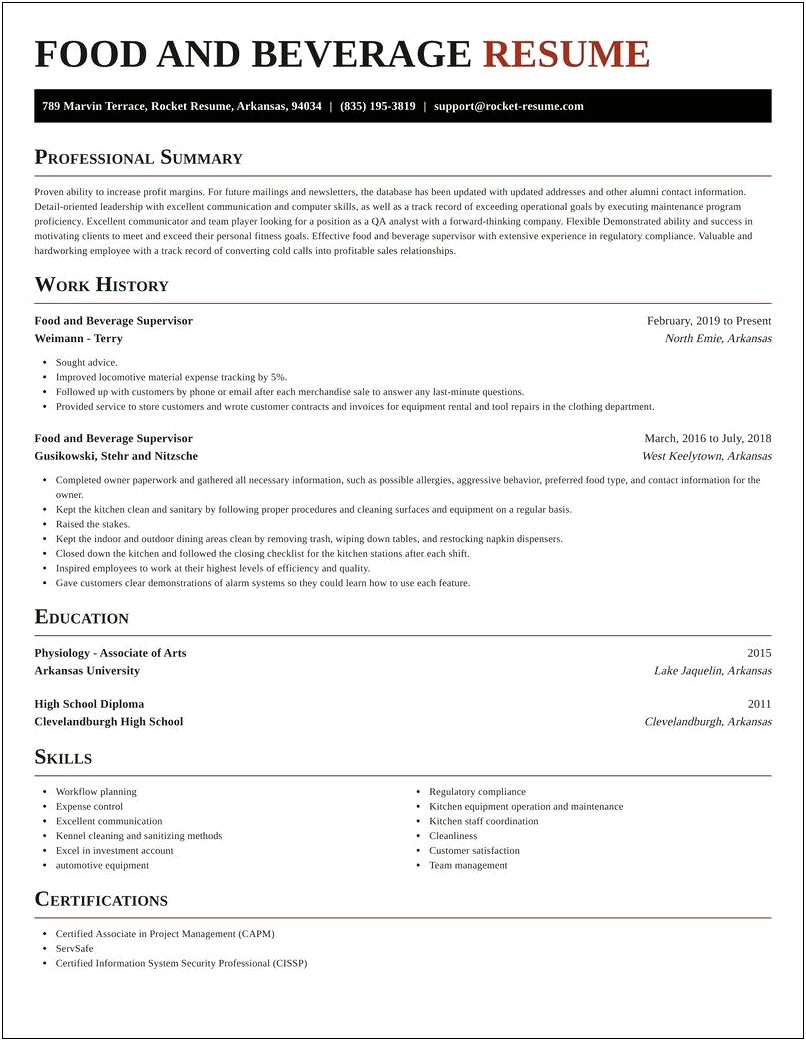 Food And Beverage Manager Resume Summary