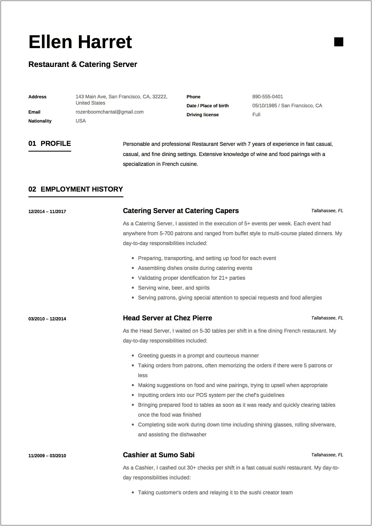 Food And Beverage Server Job Description Resume