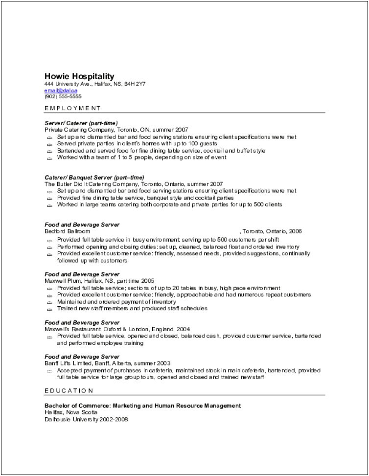Food And Beverage Server Resume Examples