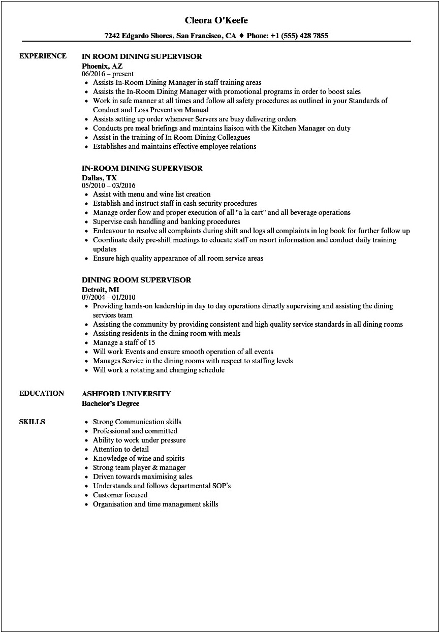 Food And Beverage Supervisor Job Description Resume