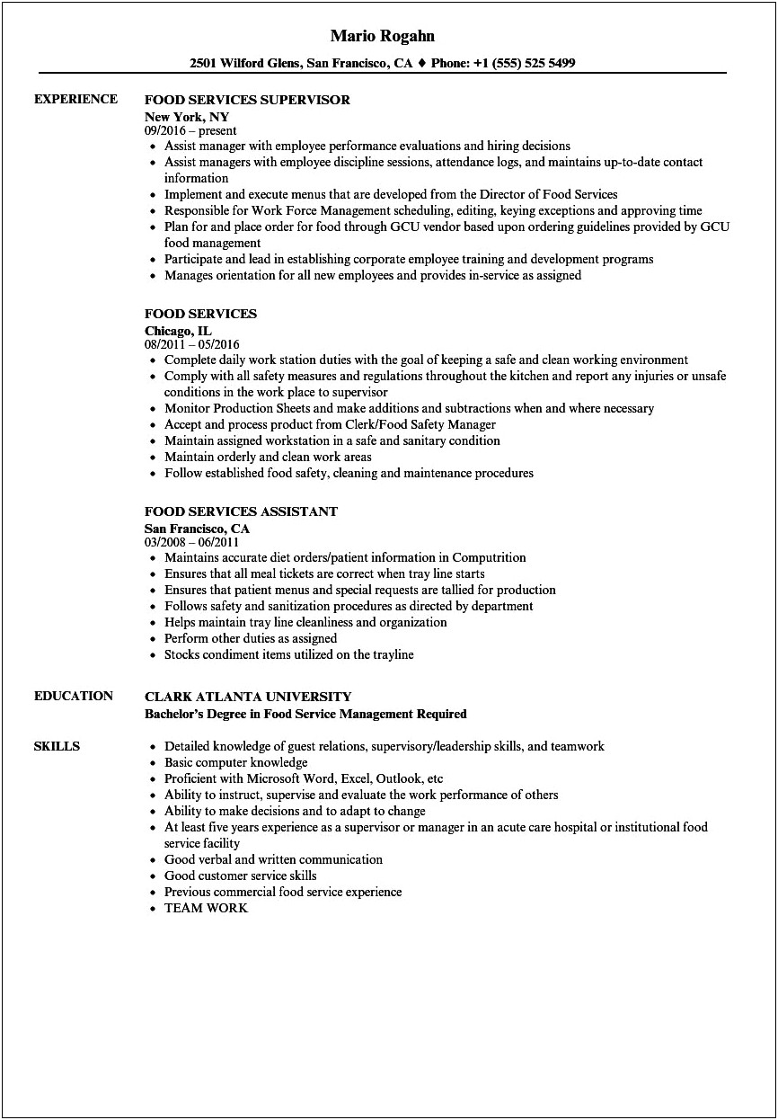 Food & Nutrition Service Lead Job Responsibilities For Resume