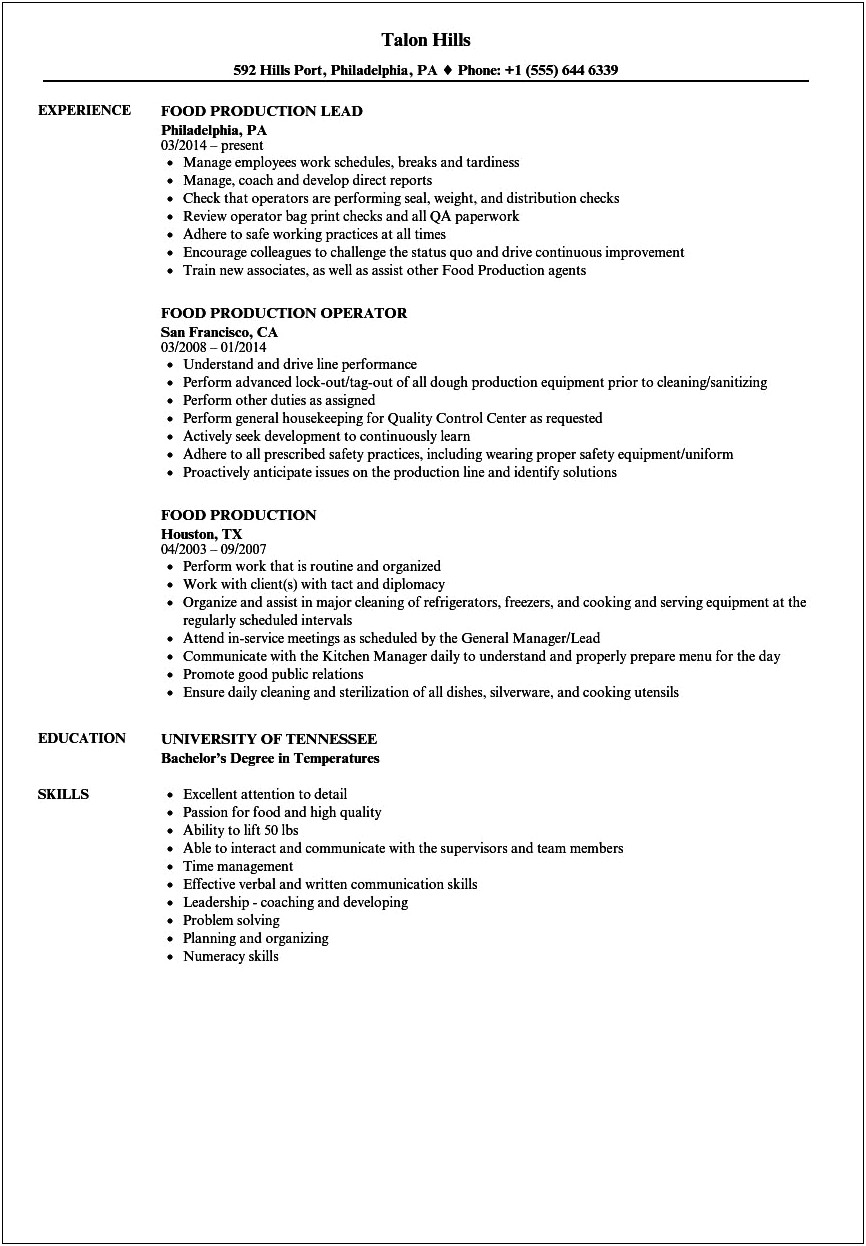 Food Production Line Worker Job Description For Resume