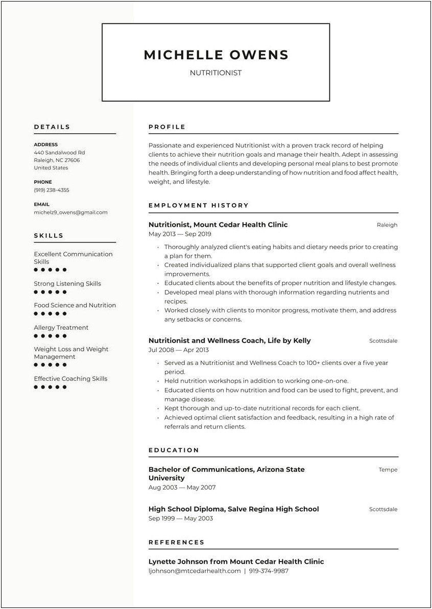 Food Safety And Nutrition Resume Objective
