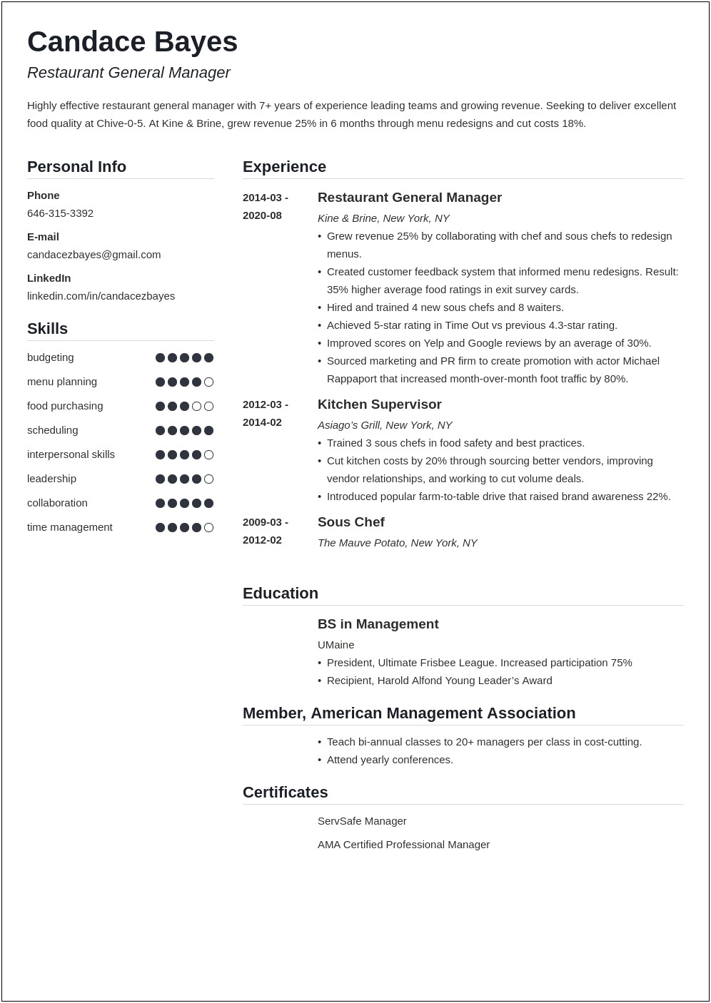 Food Safety And Restuarant Manager Resume