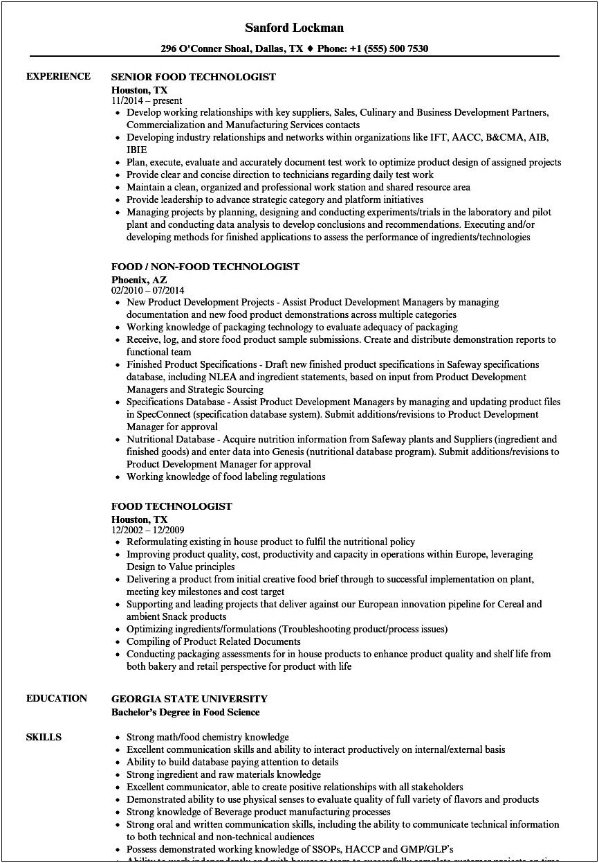Food Science And Technology Resume Examples
