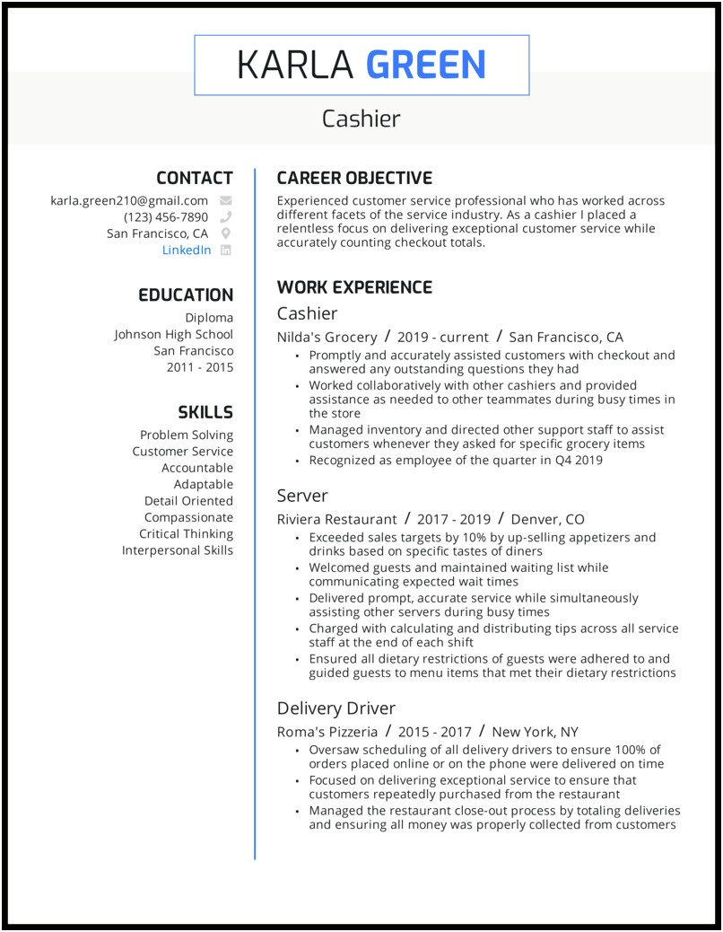Food Service Cashier Job Description Resume