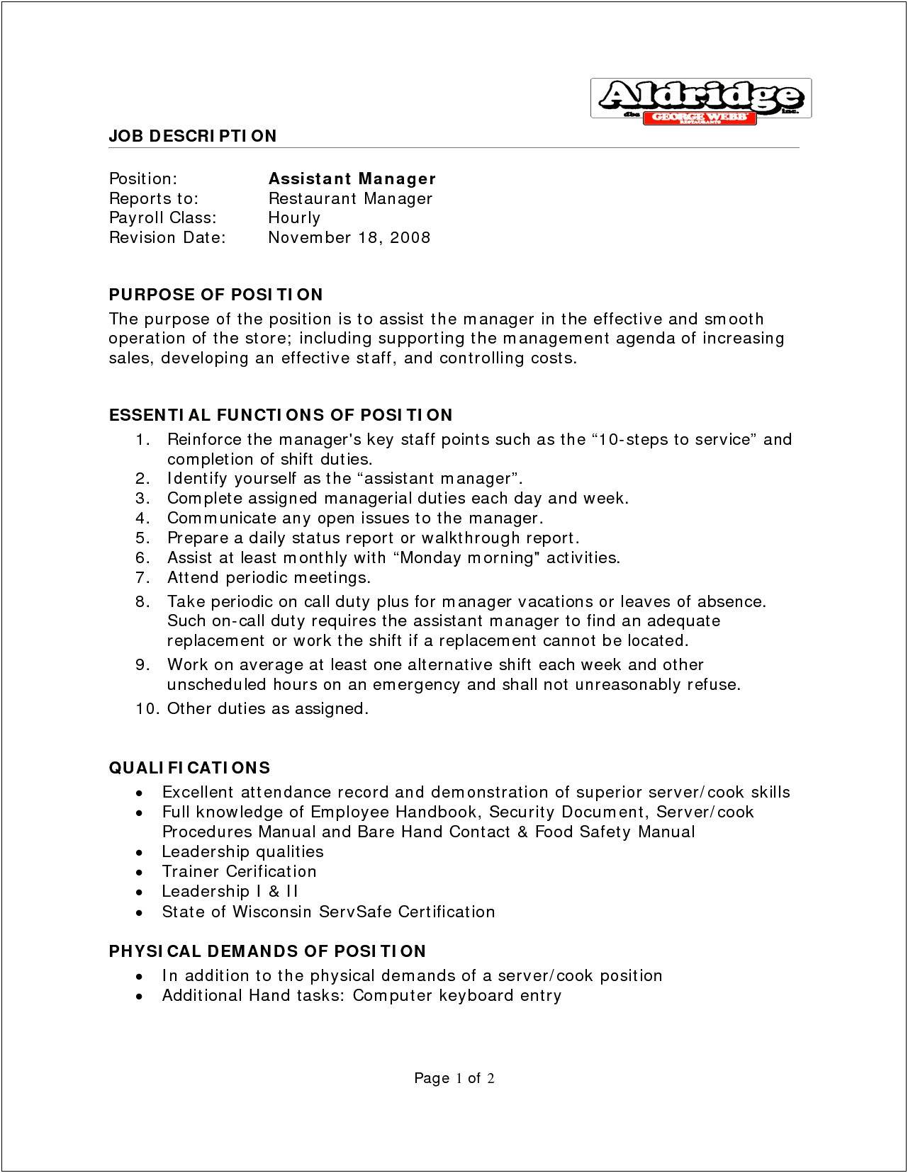Food Service Manager Job Description Resume