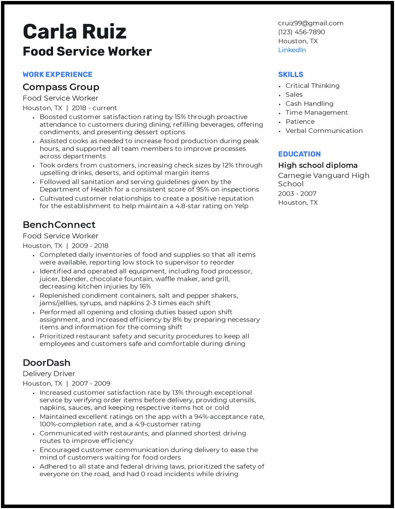 Food Service Worker Job Description Resume