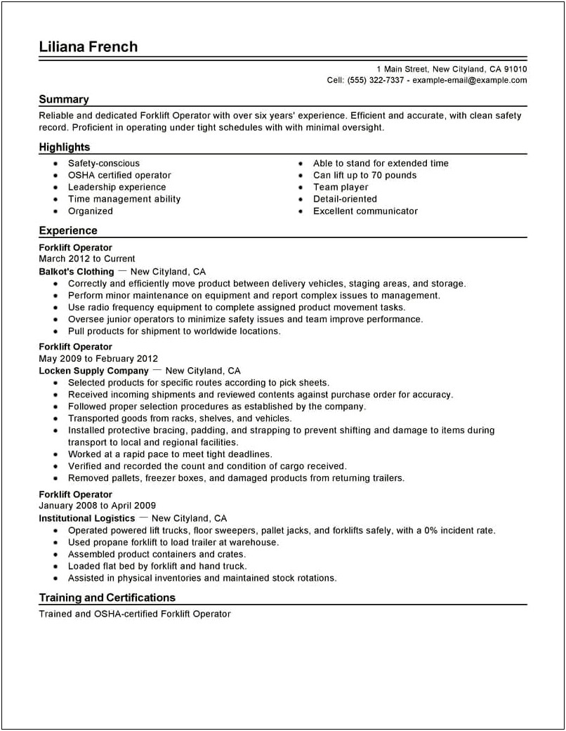 Forklift Operato Warehouse Job Description For Resume