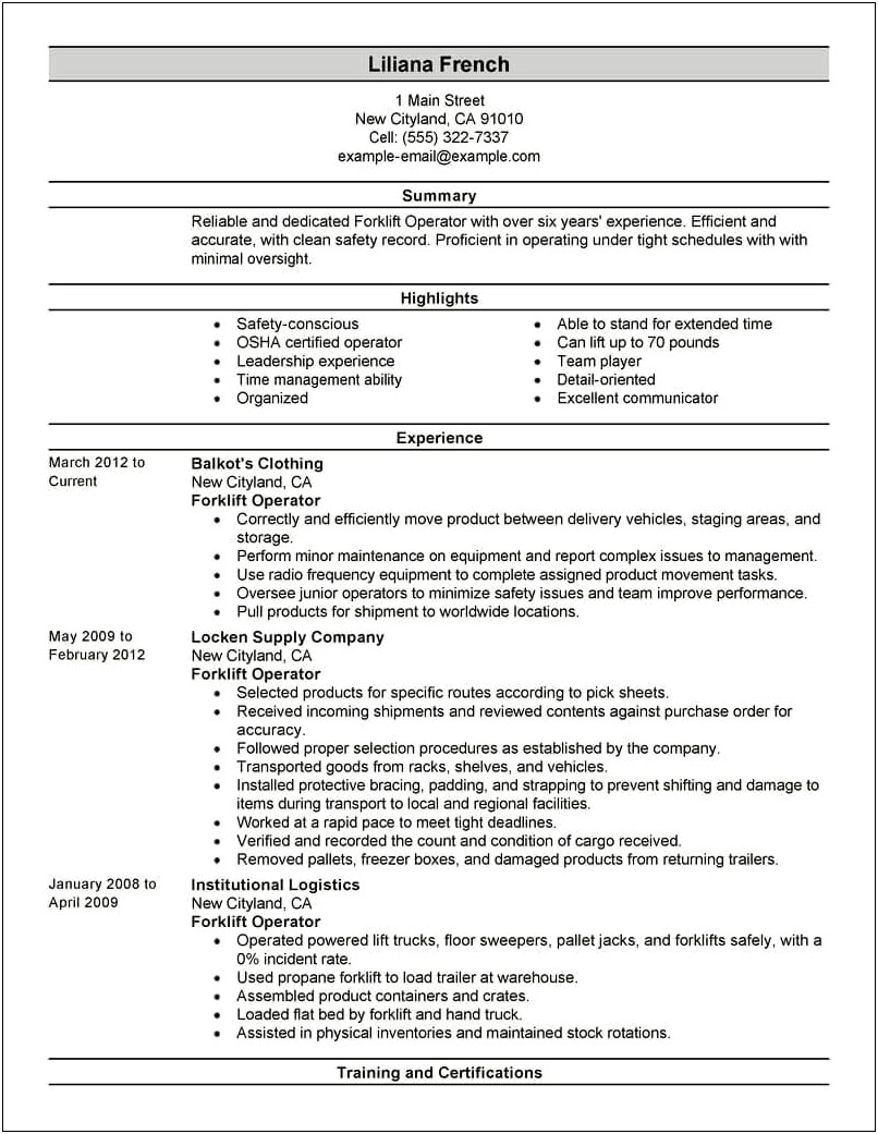 Forklift Operator And Warehouse Skills For Resume