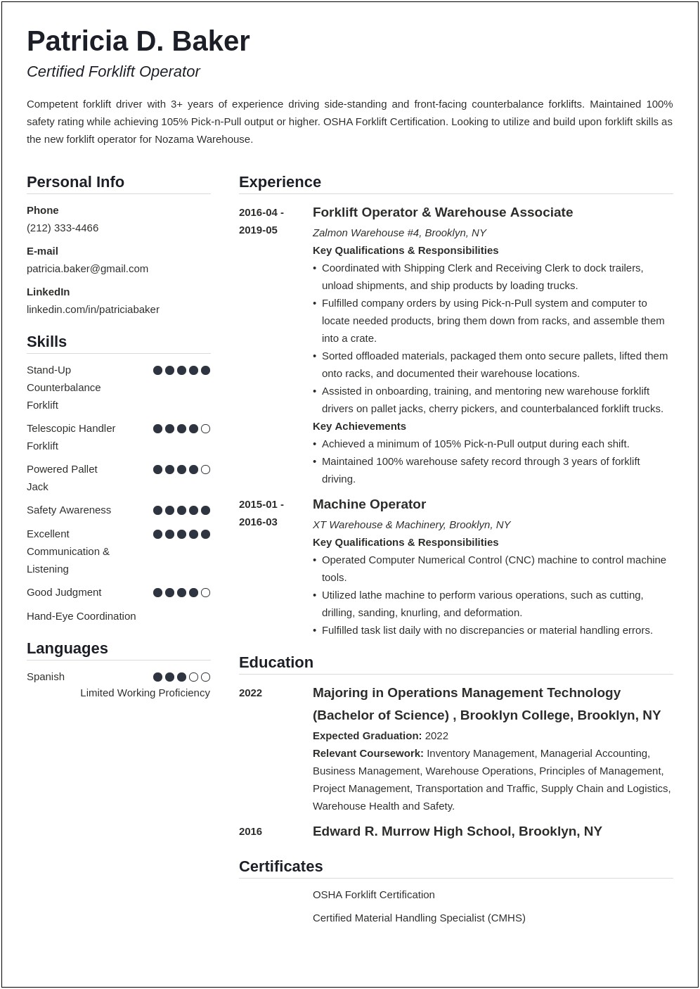 Forklift Operator Resume With No Experience