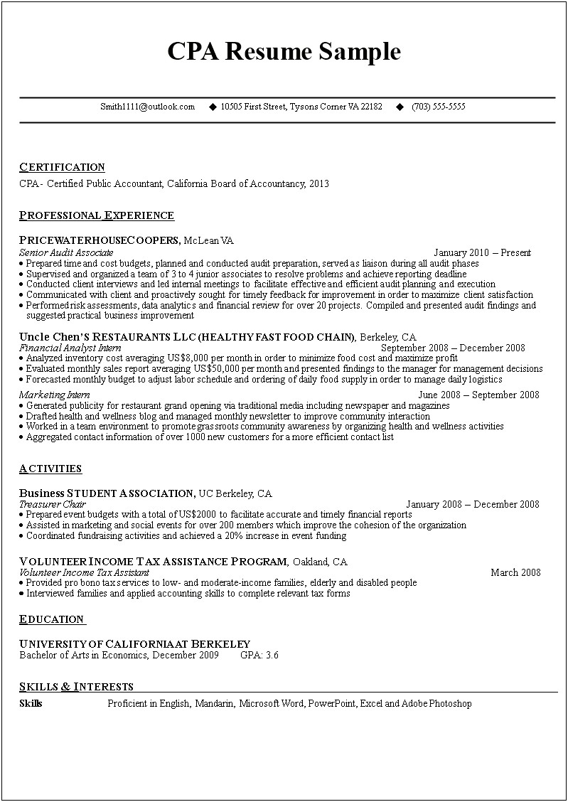 Format Of Resume For Accountant In Word