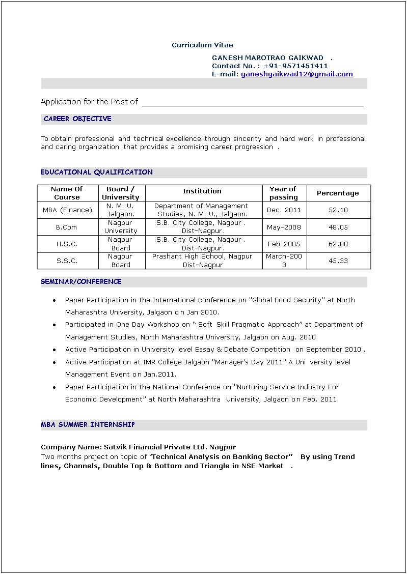 Format Of Resume Free Download For Fresher