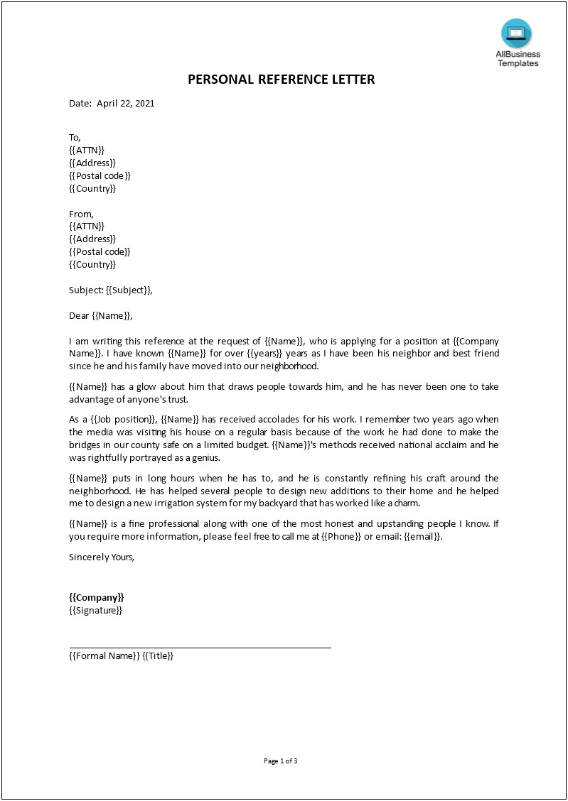 Format Personal Referenc Letter For Resume