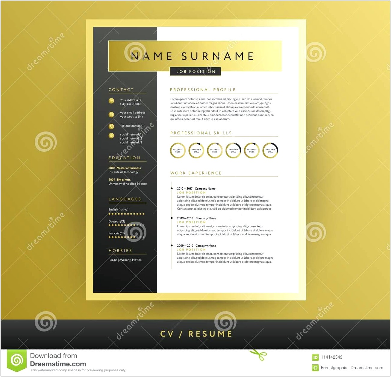 Free Black And Gold Resume Template With Photo