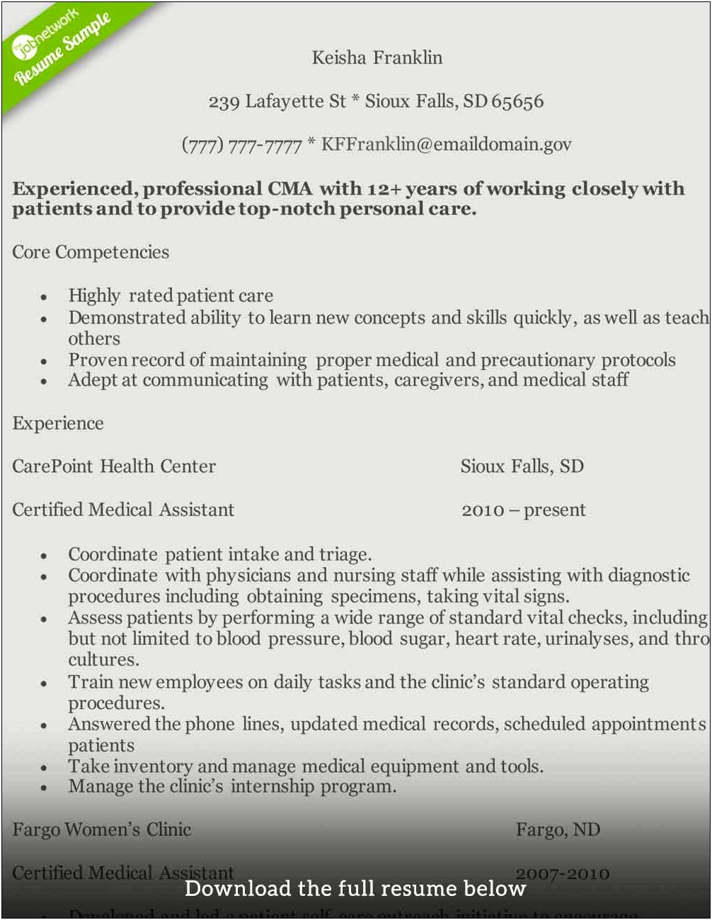 Free Certified Medical Assistant Resume Samples