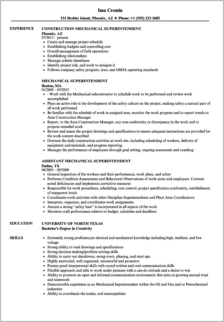 Free Construction Superintendent Resume Word Templates