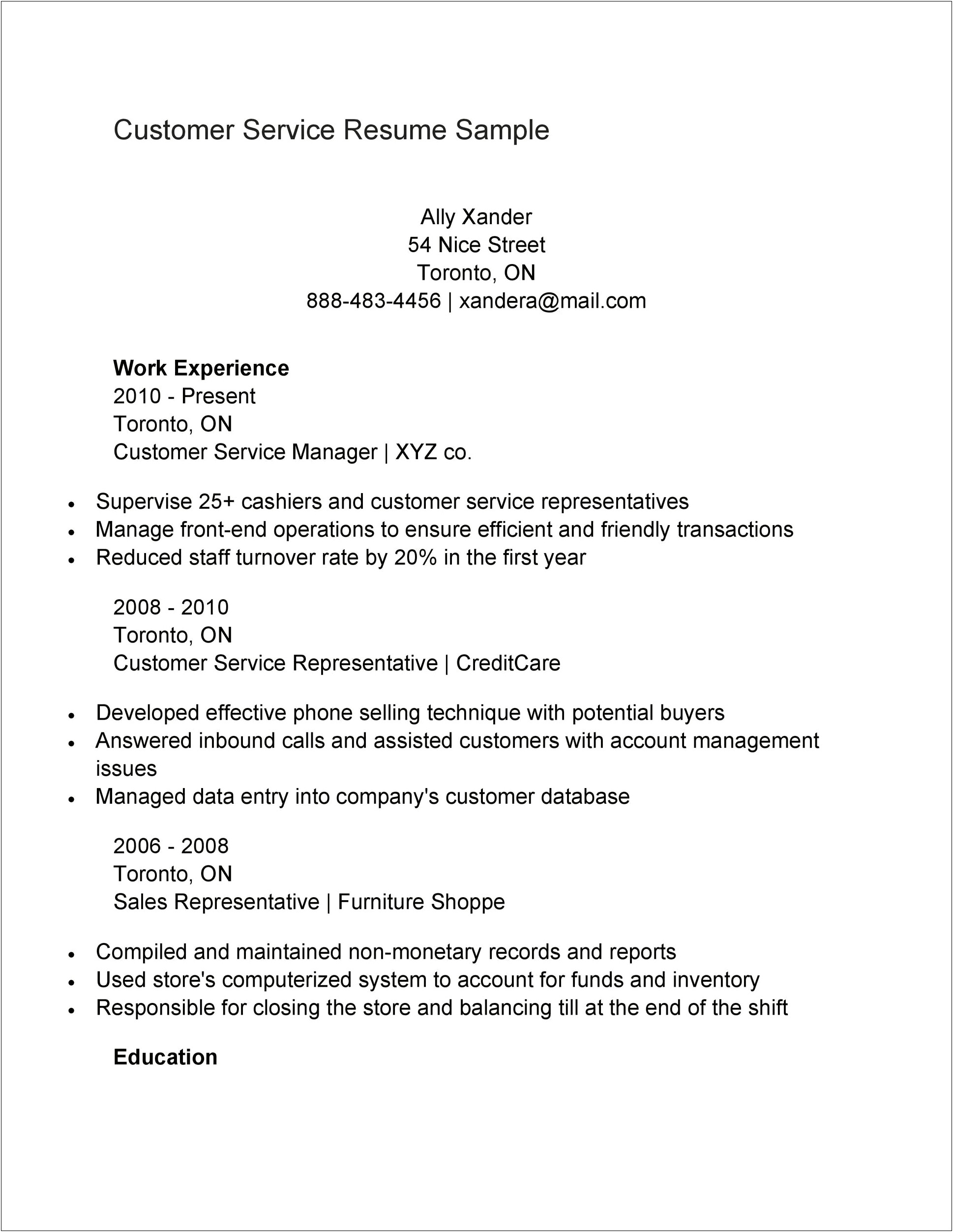 Free Current Sample Resumes For Customer Service Representative