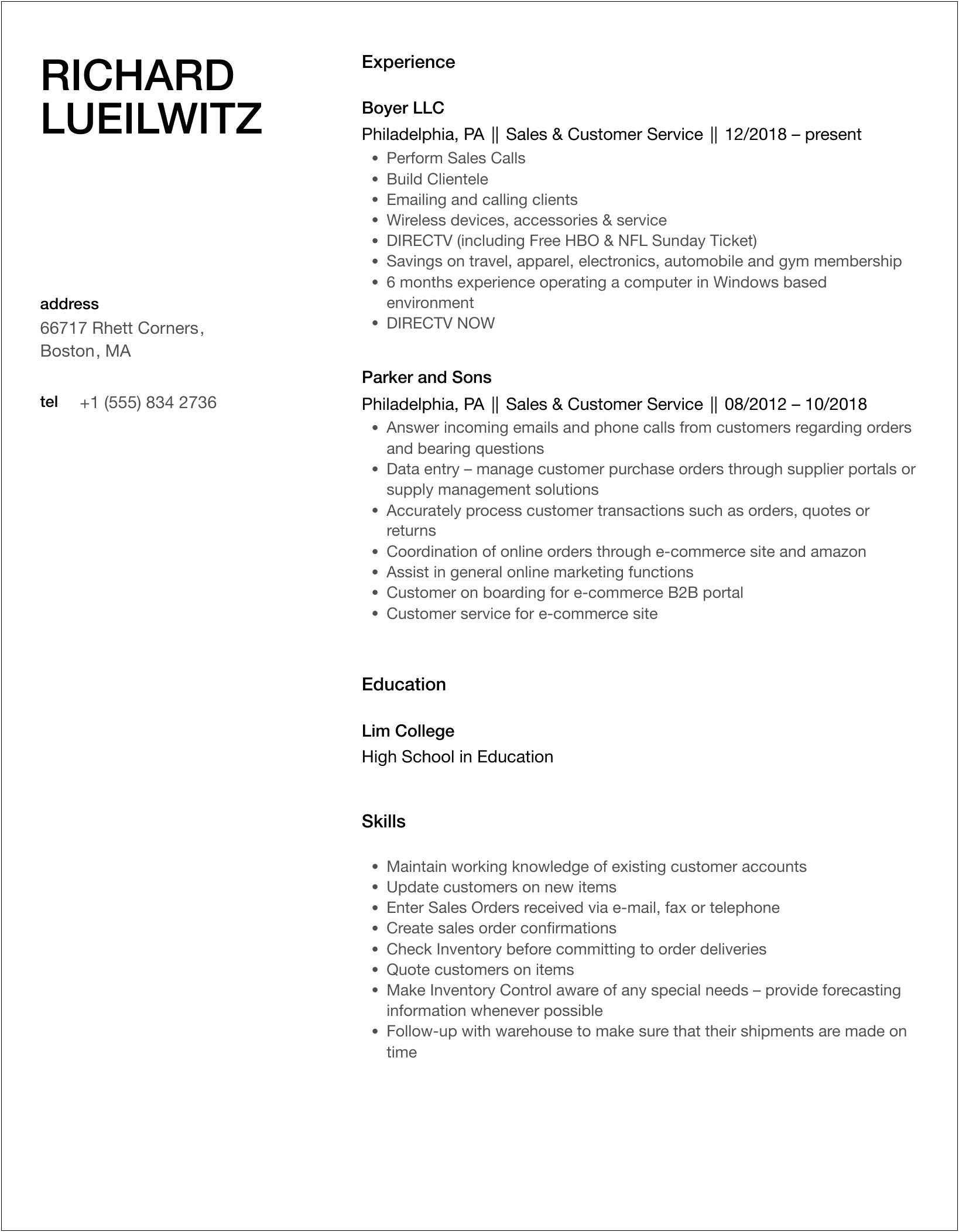 Free Customer Service Resume Examples 2018