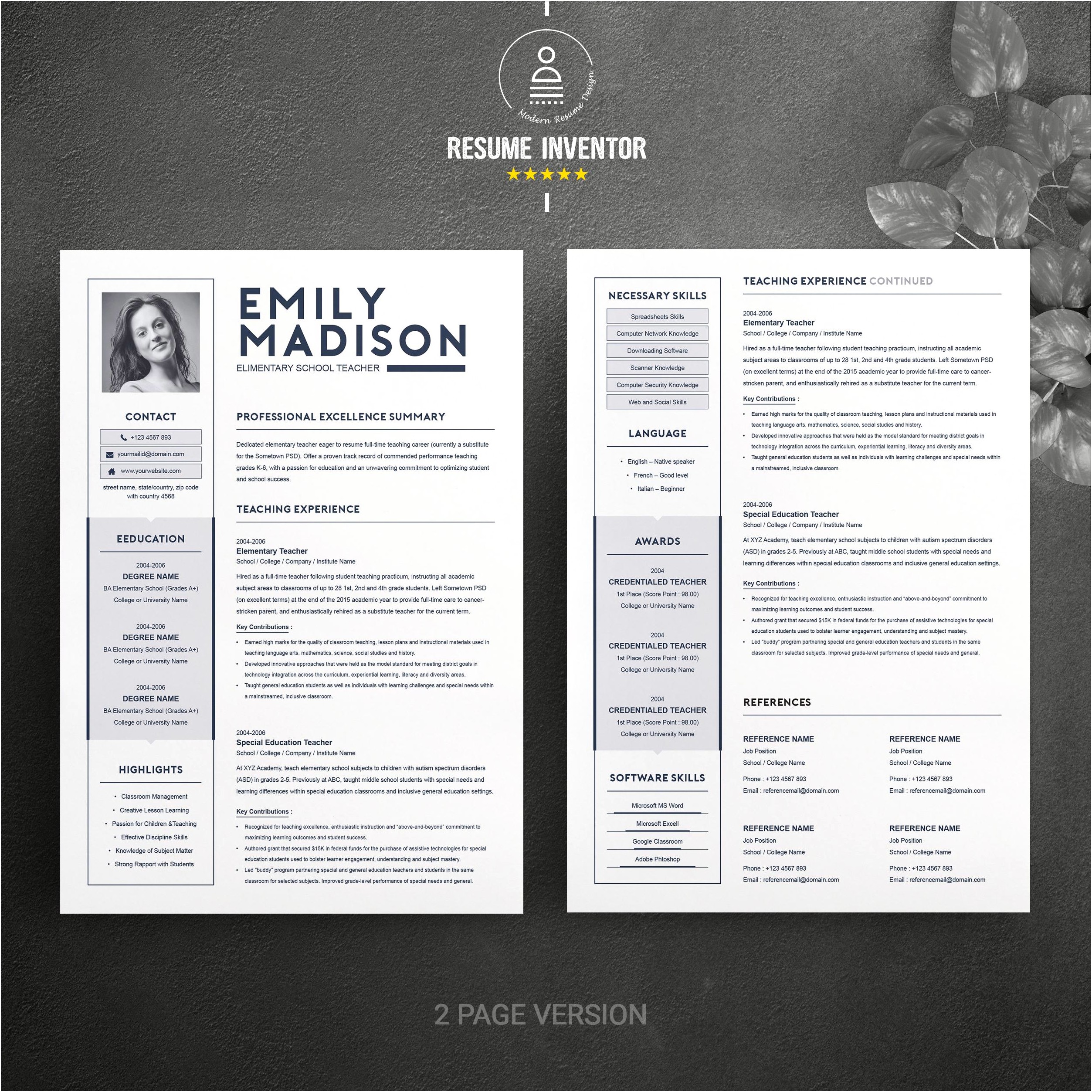Free Downloadable Template For Elementary Teacher Resume