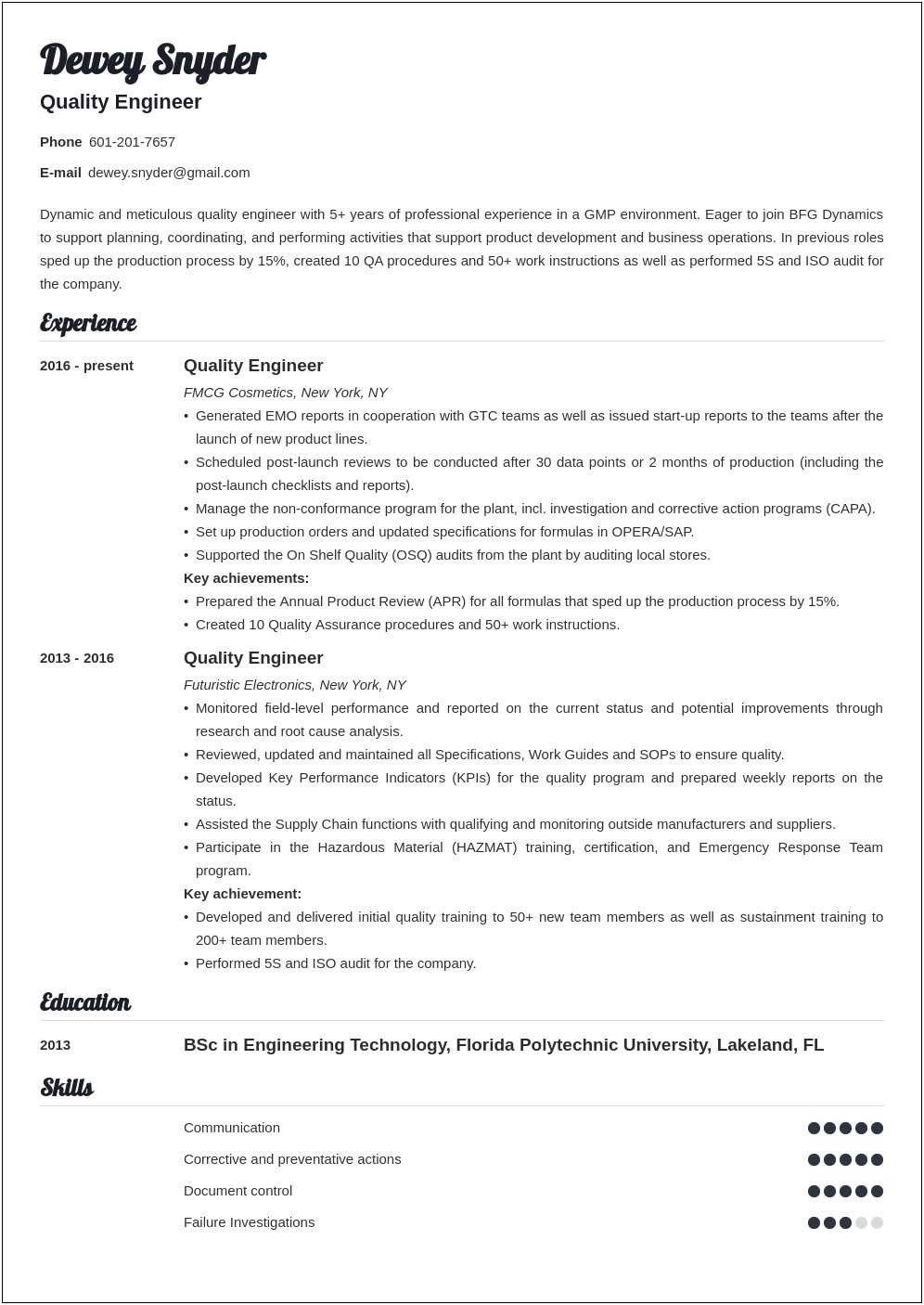 Free Engineer Resume Profile Examples For Over 50