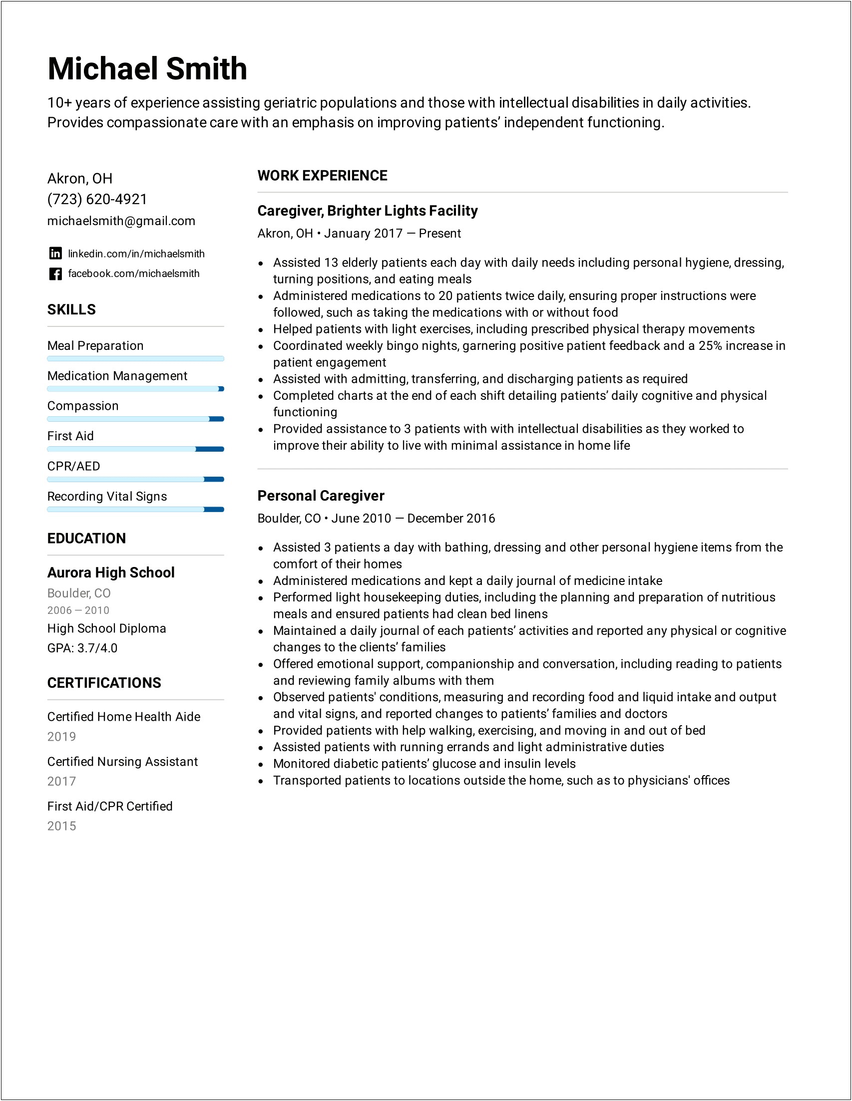 Free Example Of A Caregiver Resume