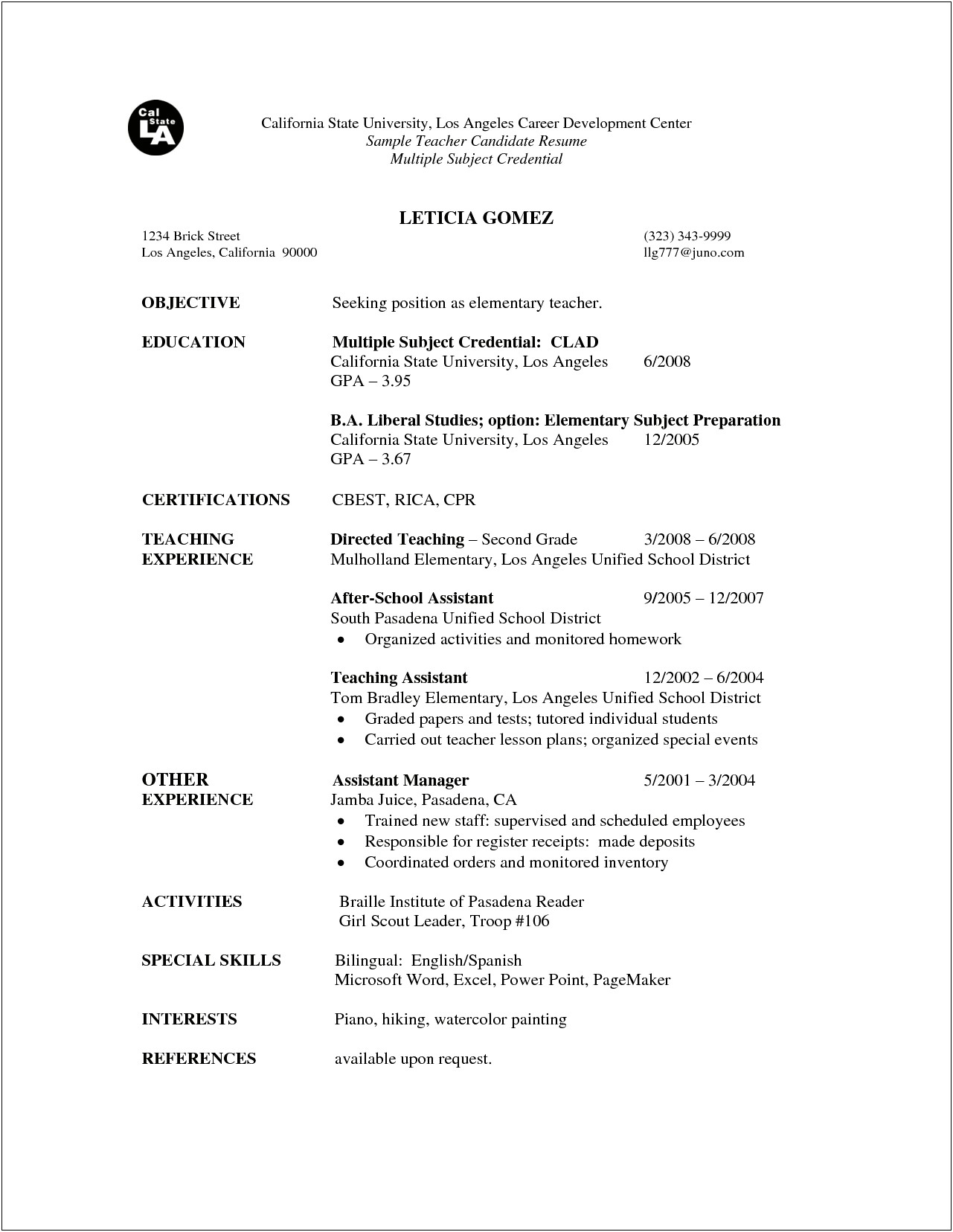 Free Examples Of Elementary Teacher Resumes
