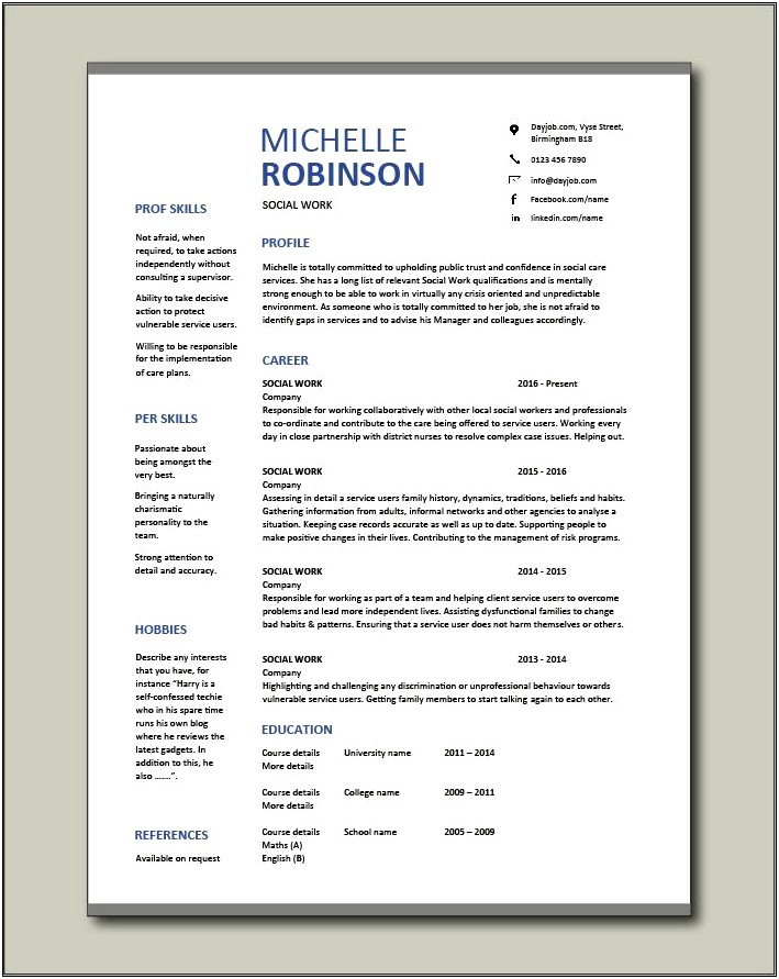 Free Examples Of Social Work Resumes