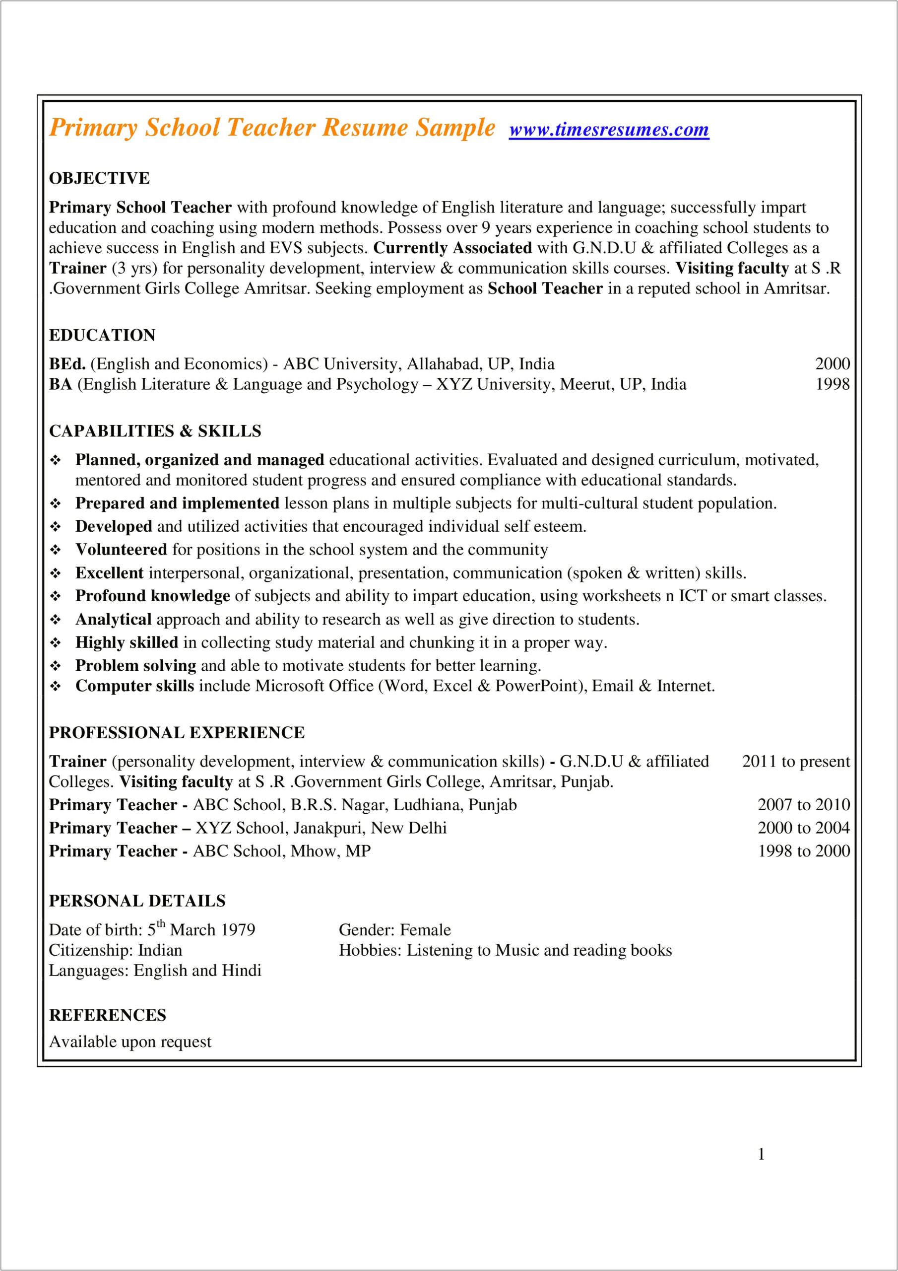 Free Printable Resume Templates For Teachers