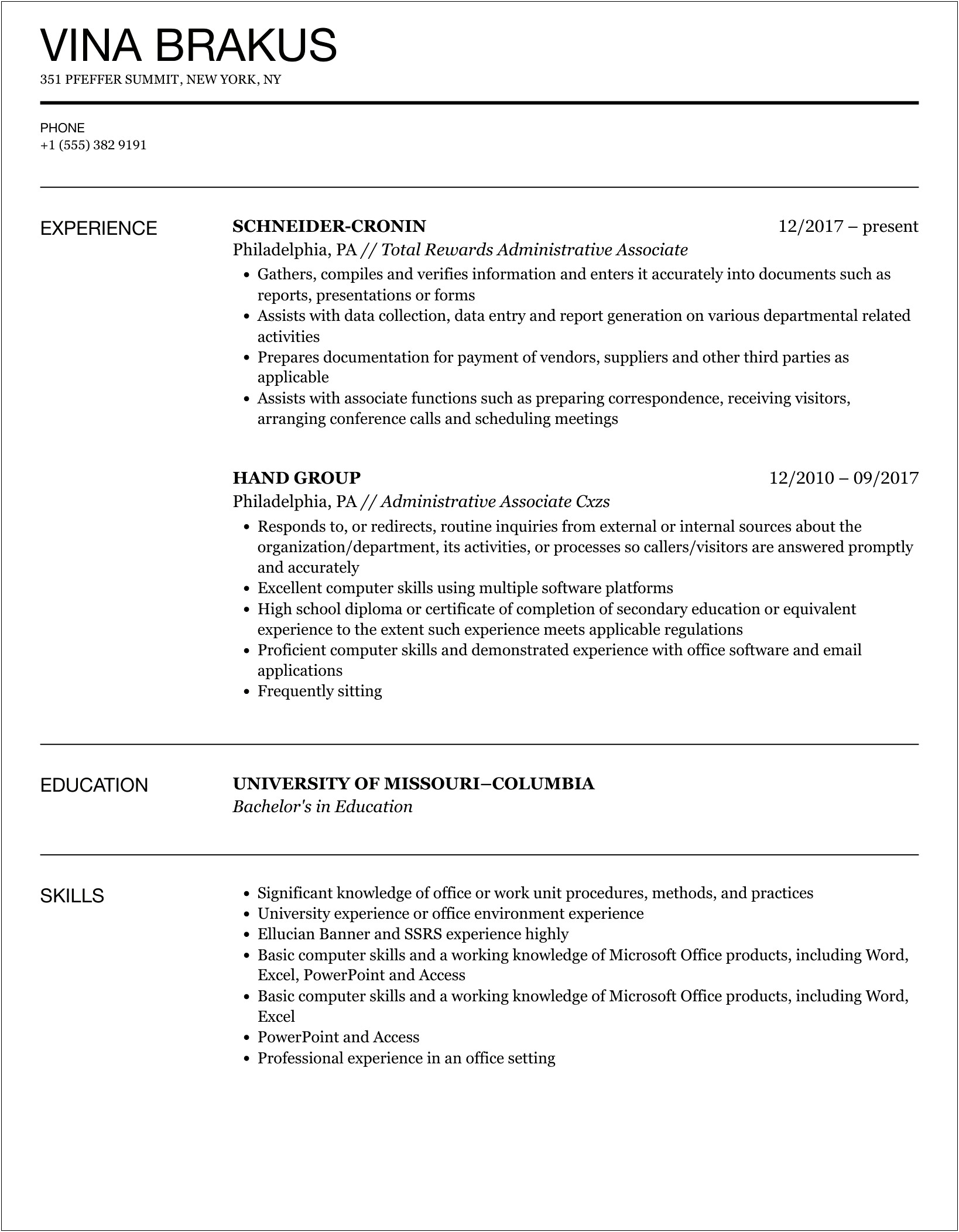 Free Resume Example On Surgery Service Administrative Associate