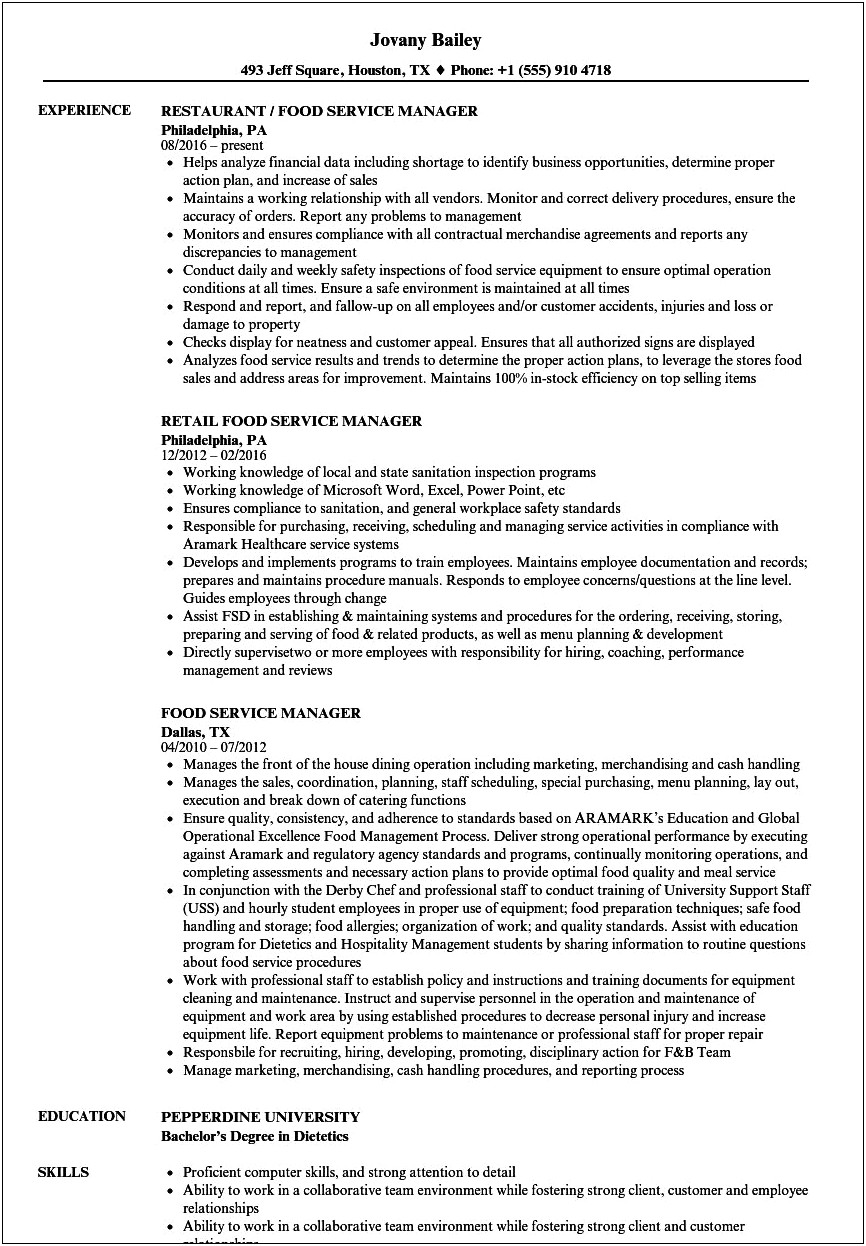 Free Resume Format For Food Service Manager