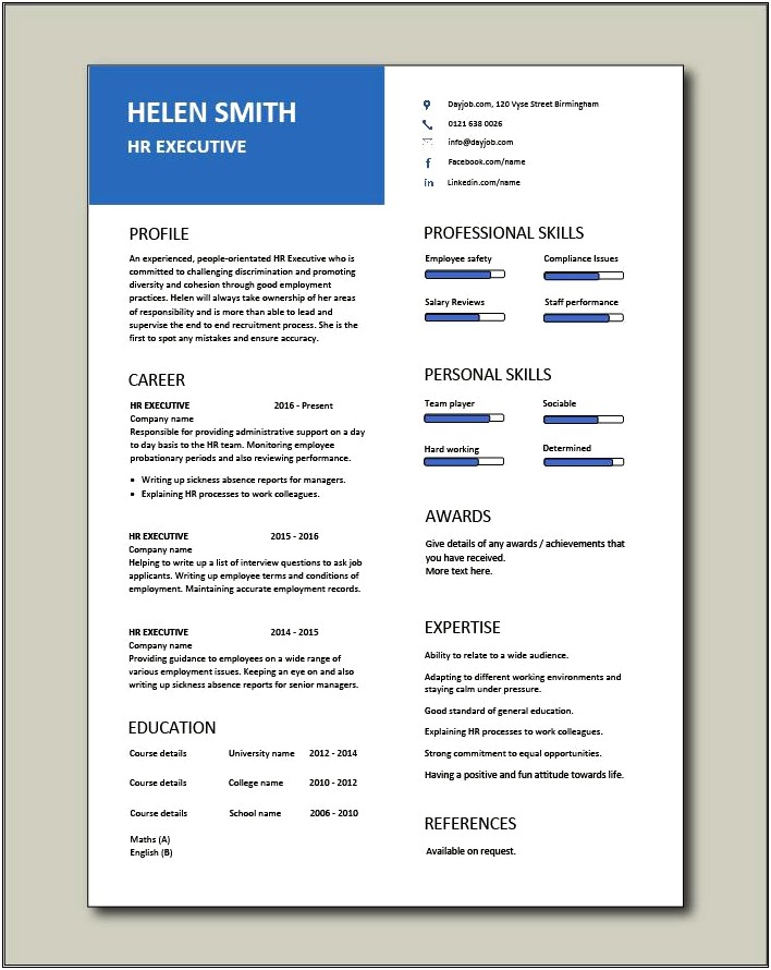 Free Resume Format For Hr Executive