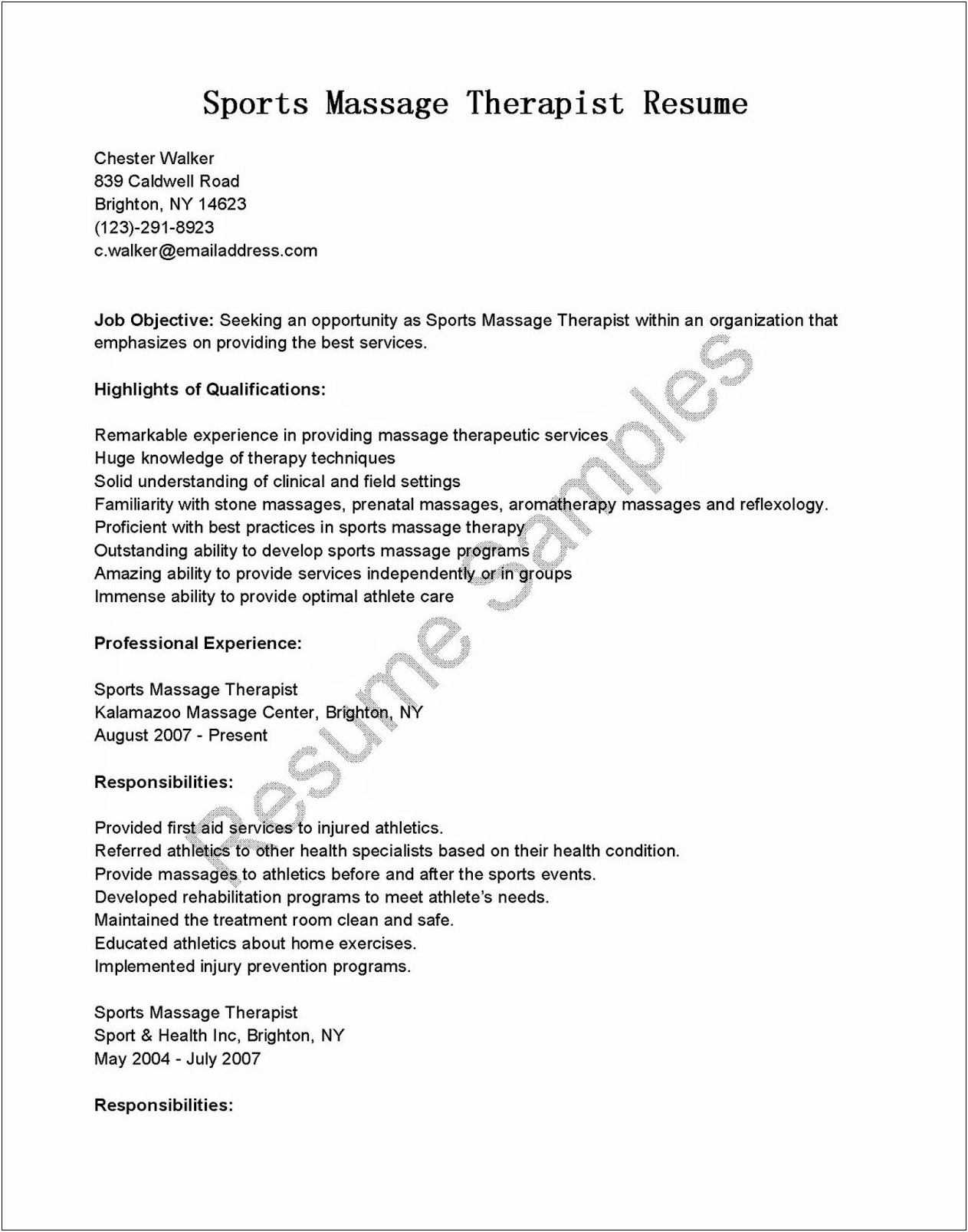 Free Resume Samples For Massage Therapist